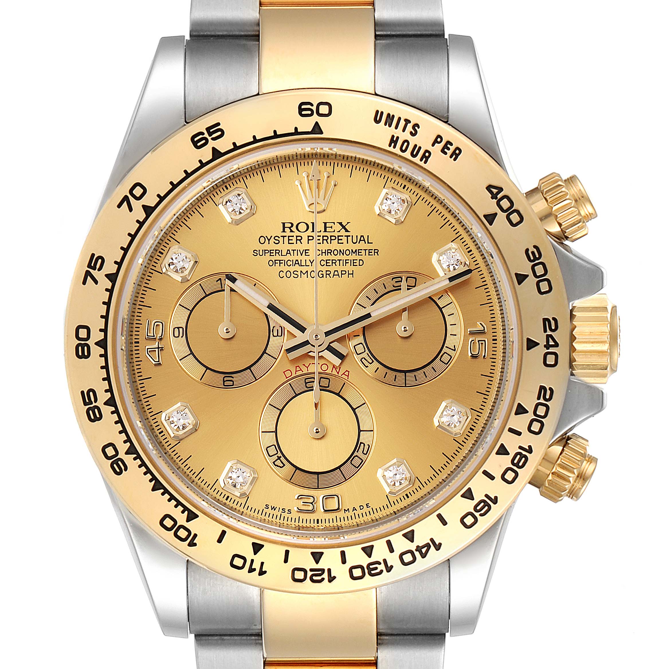 This image shows a front view of a Rolex Daytona 116503 Men
s Steel and Gold (two tone) Champagne Dial 116503 Men
s Steel and Gold (two tone) Champagne Dial watch, highlighting its dial, bezel, and chronograph subdials.