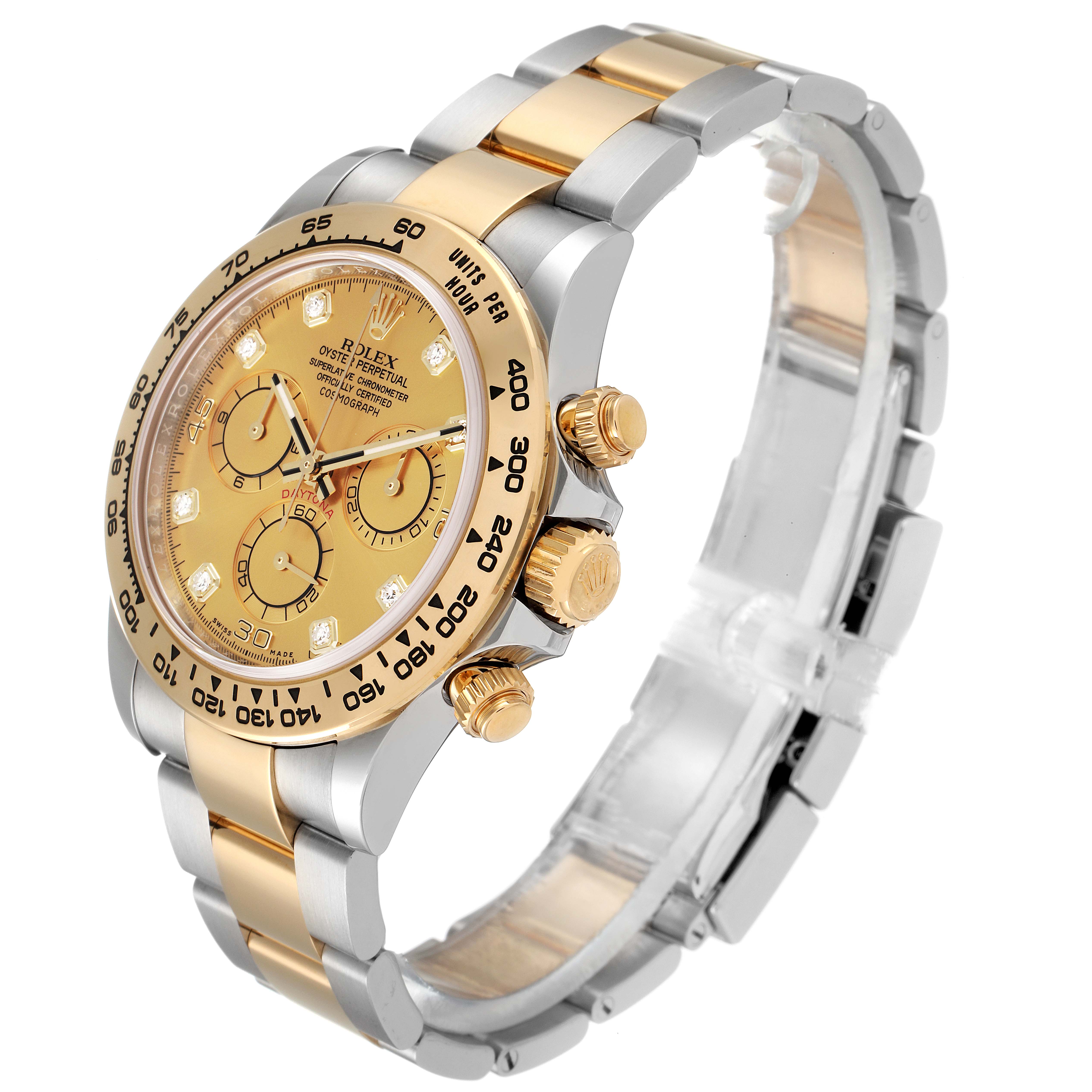 The Rolex Daytona 116503 Men
s Steel and Gold (two tone) Champagne Dial 116503 Men
s Steel and Gold (two tone) Champagne Dial watch is shown at a three-quarter angle, displaying the face, bezel, pushers, and part of the bracelet.