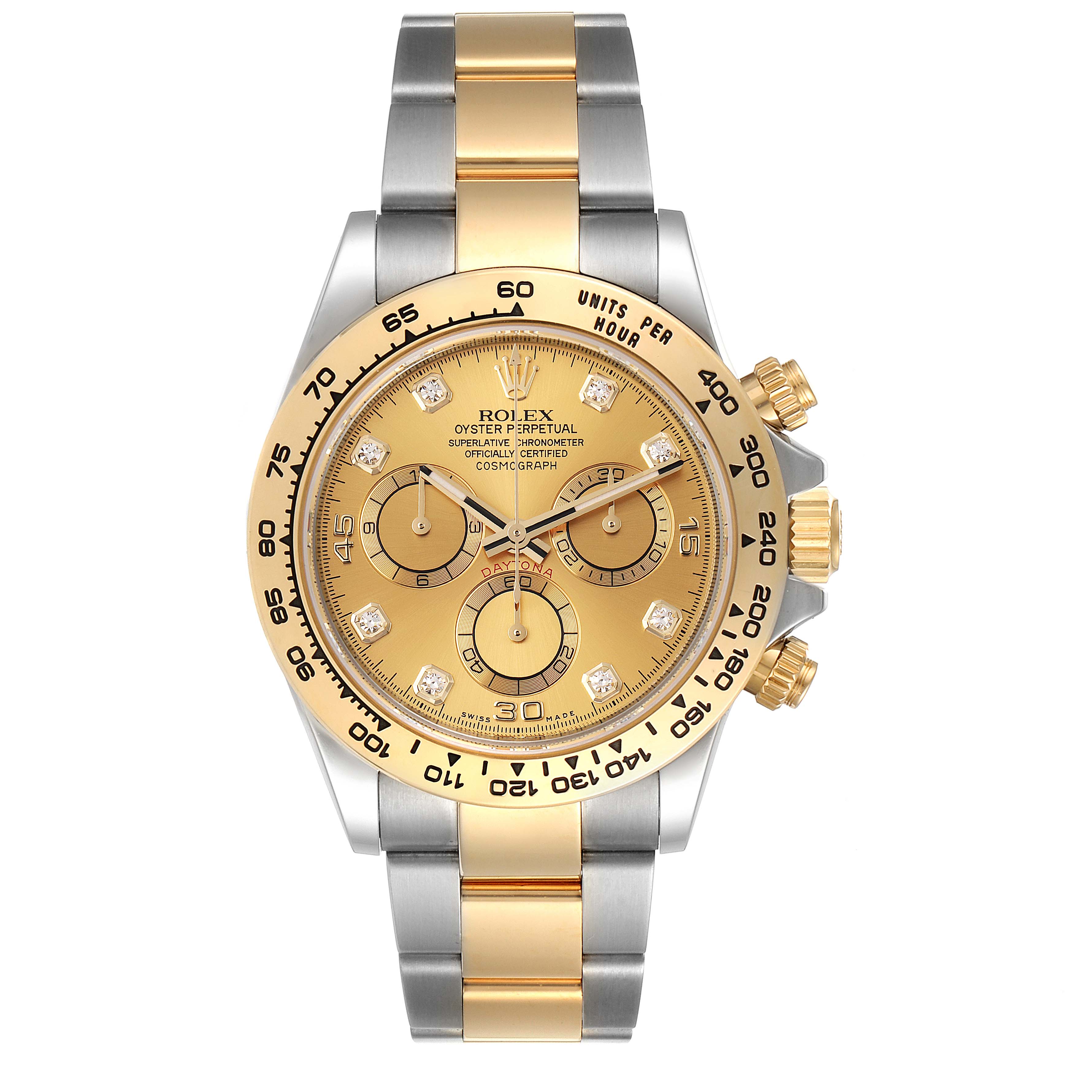 The Rolex Daytona 116503 Men
s Steel and Gold (two tone) Champagne Dial 116503 Men
s Steel and Gold (two tone) Champagne Dial watch is shown from a front angle, highlighting its gold and silver bracelet, dial, subdials, and crown.
