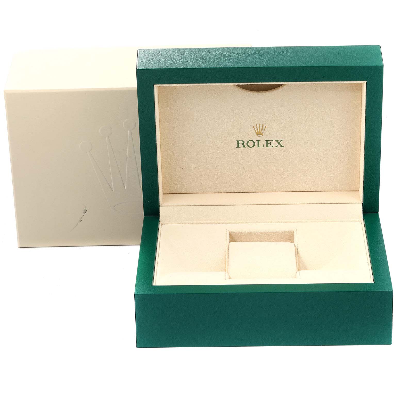 The image shows an open Rolex Daytona 116503 Men
s Steel and Gold (two tone) Champagne Dial 116503 Men
s Steel and Gold (two tone) Champagne Dial watch box with a green exterior and beige interior.