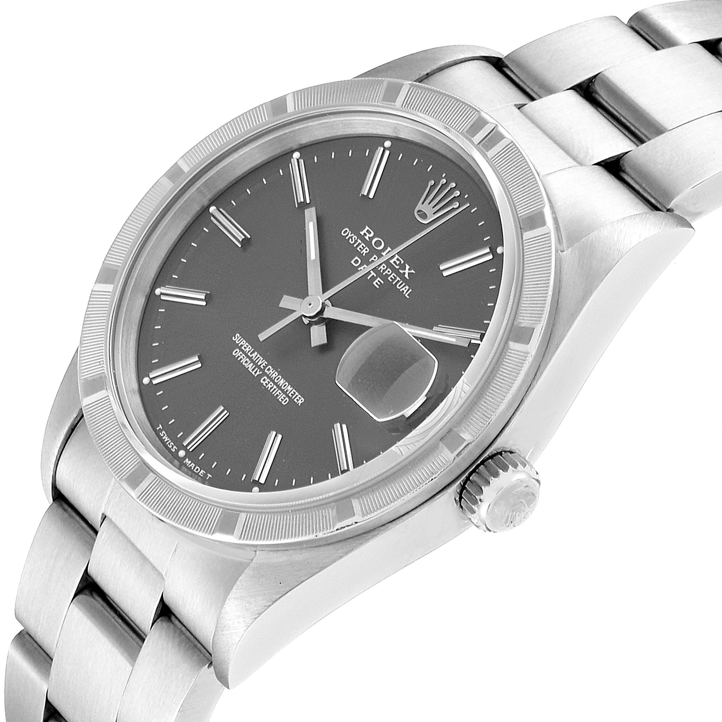 This image shows a close-up angled view of the face and strap of a Rolex Date 15210 Men's Stainless Steel Grey Dial 15210 Men's Stainless Steel Grey Dial model watch.