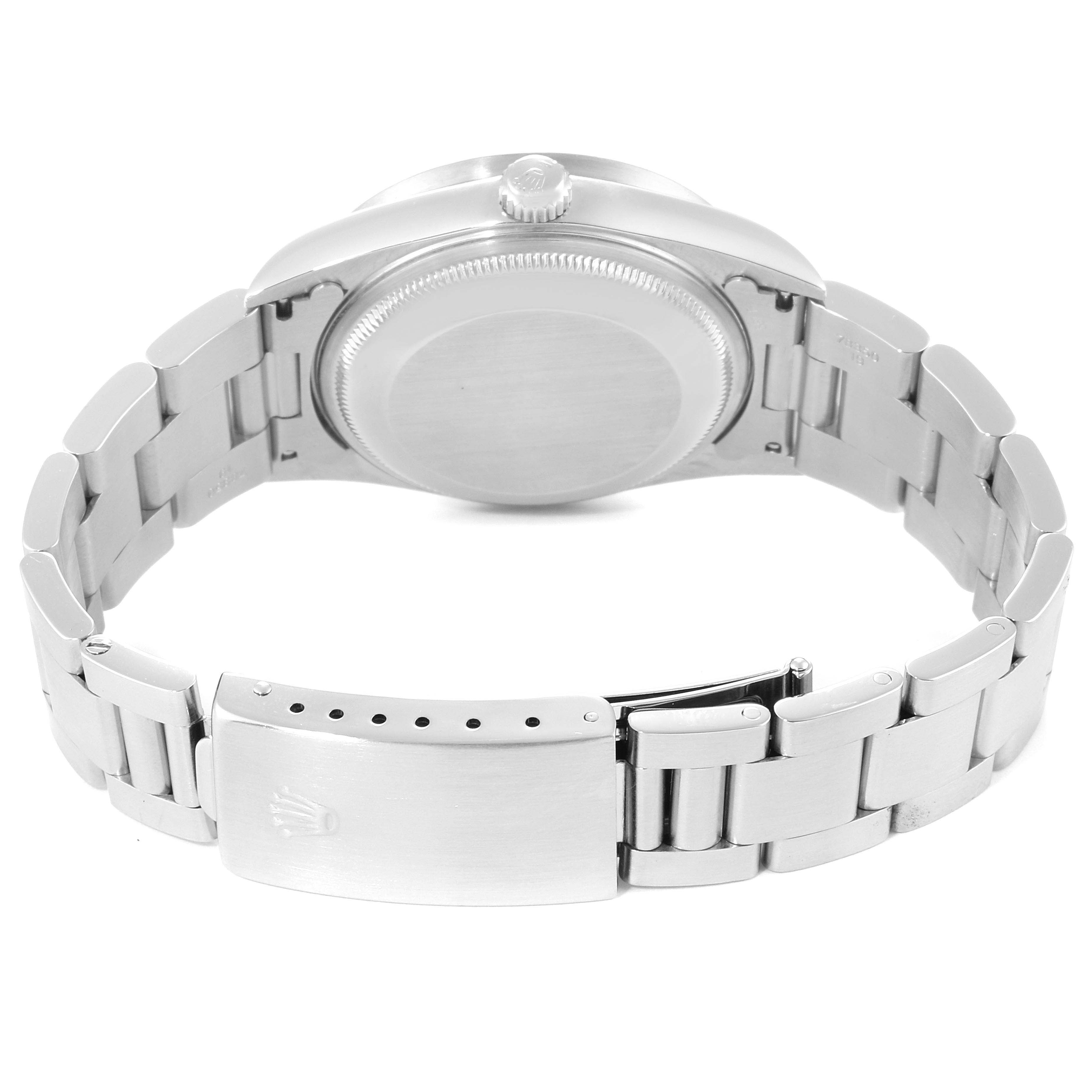 This image shows the back case and metal bracelet clasp of a Rolex Date 15210 Men's Stainless Steel Grey Dial 15210 Men's Stainless Steel Grey Dial model watch.