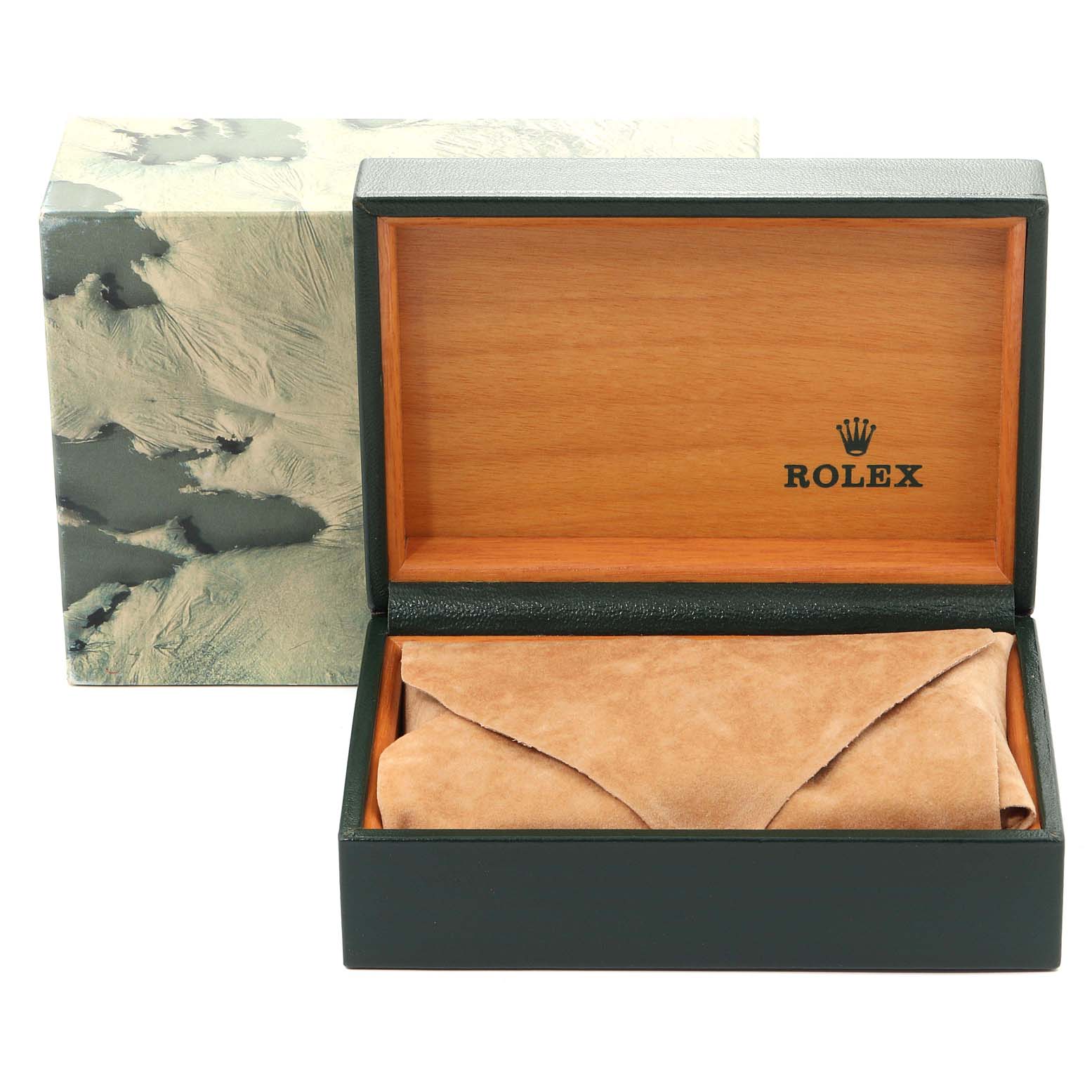 The image shows an open Rolex watch box for the Date model, with a tan suede pouch inside.