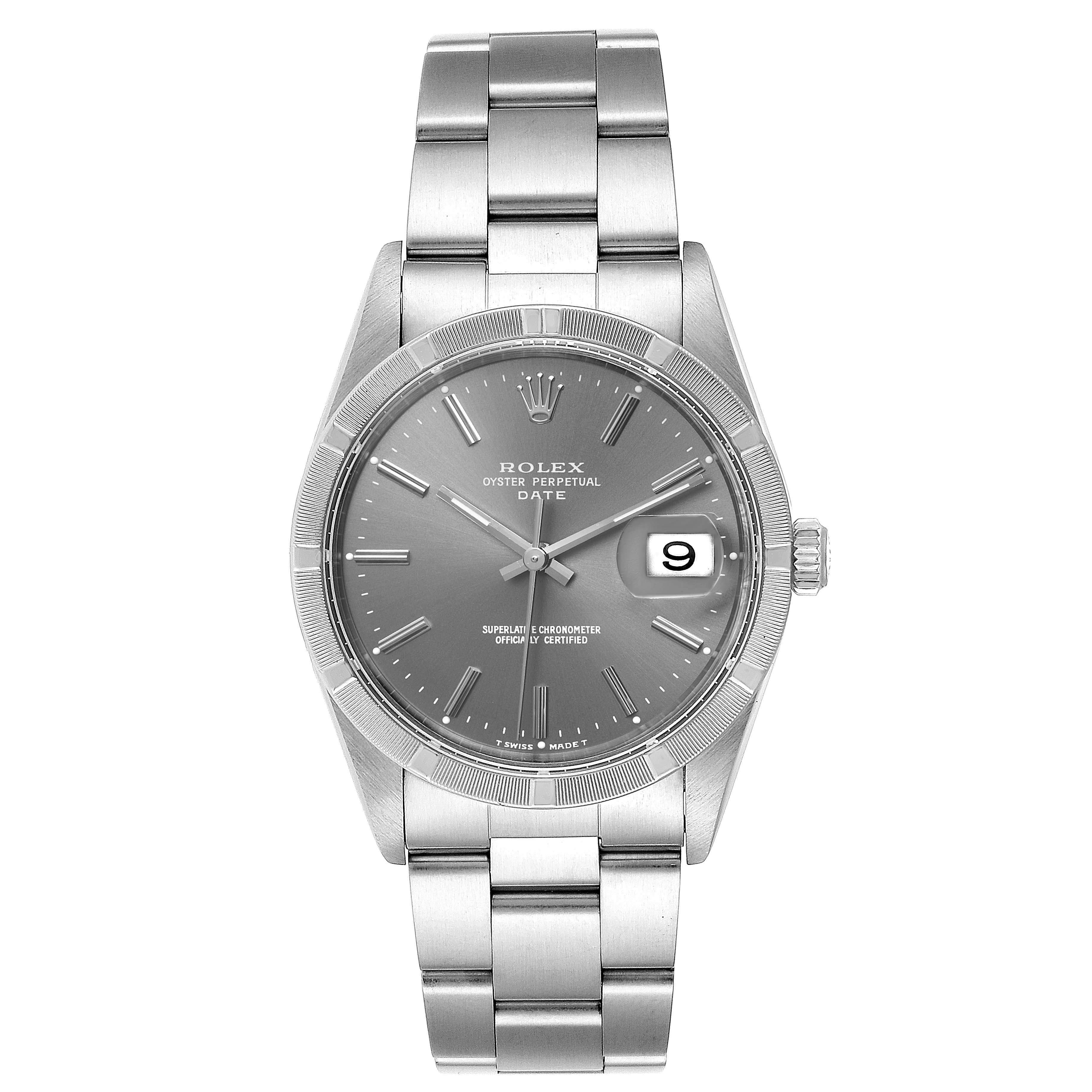 This Rolex Date 15210 Men's Stainless Steel Grey Dial 15210 Men's Stainless Steel Grey Dial model watch is shown from a front angle, displaying its face, case, bracelet, and date window.