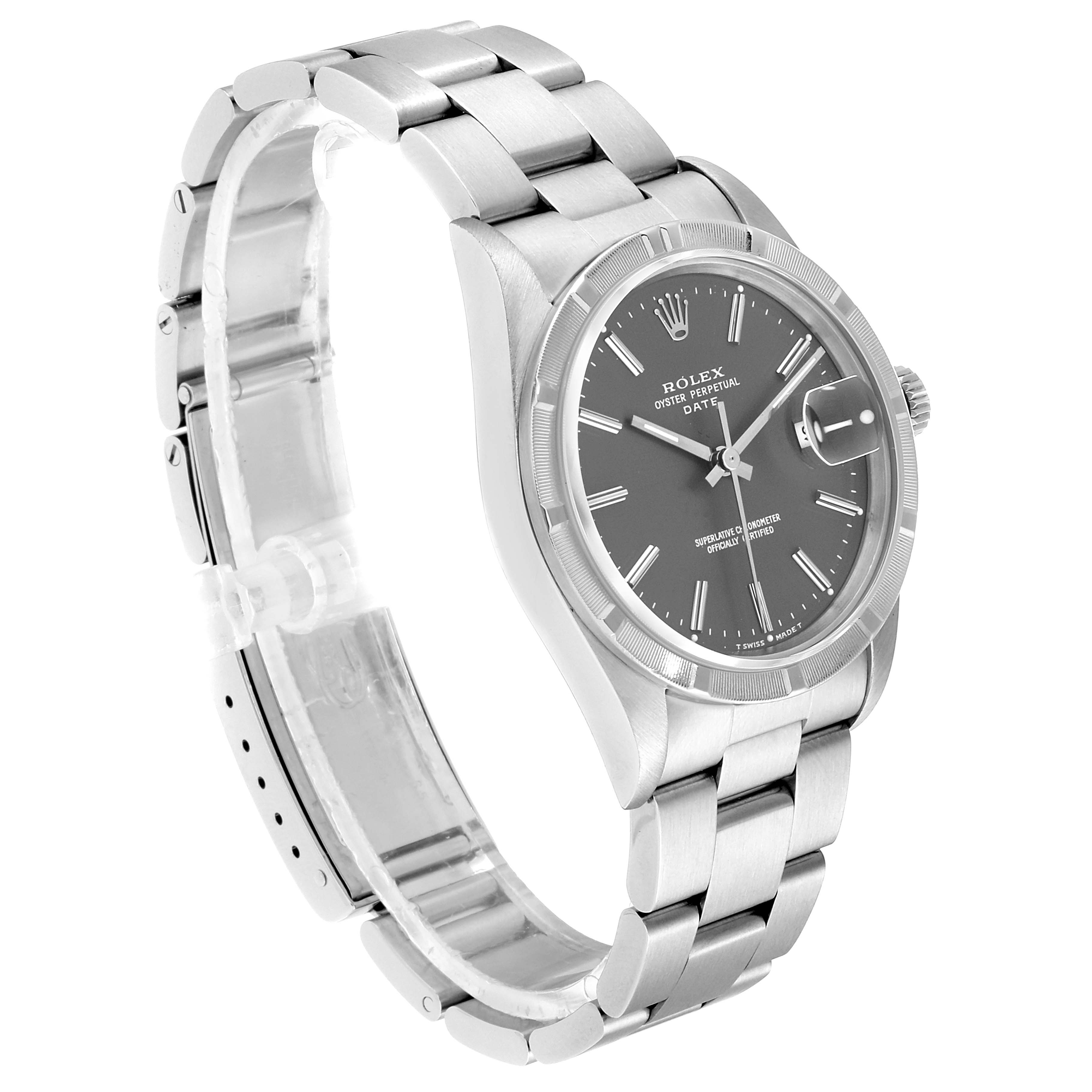 This image of a Rolex Date 15210 Men's Stainless Steel Grey Dial 15210 Men's Stainless Steel Grey Dial model watch shows a side view of the watch face, bracelet, and clasp.