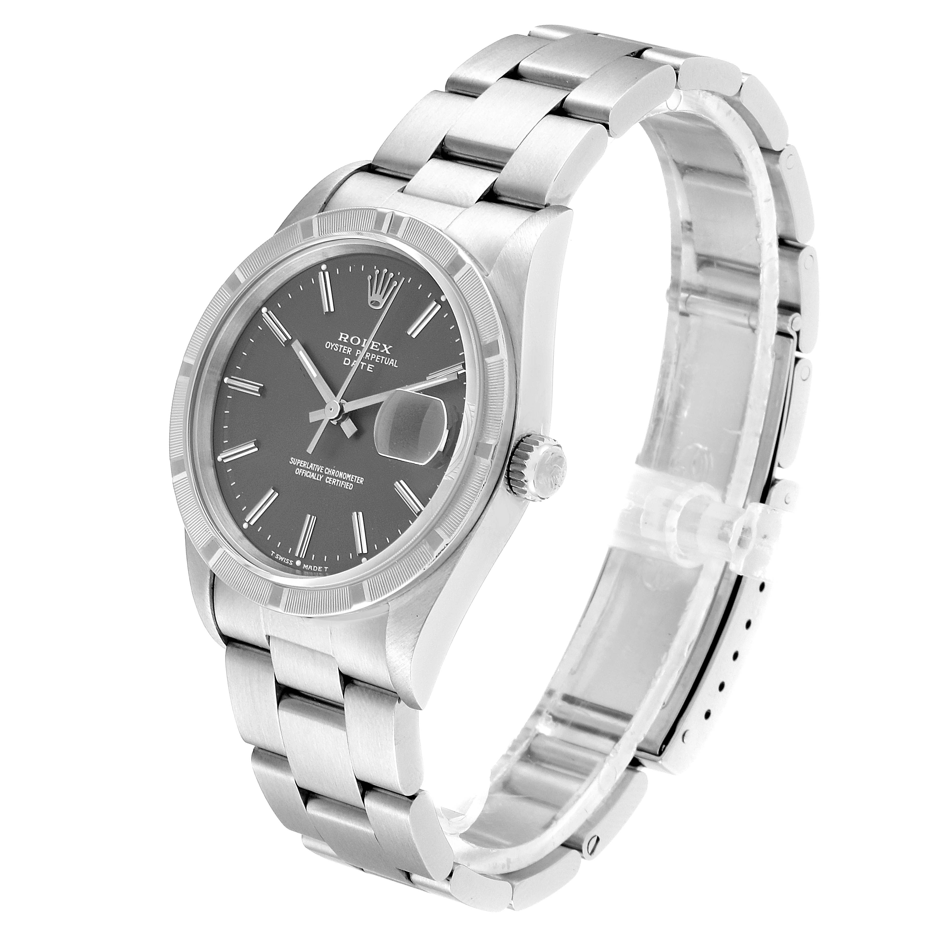 The image shows a side angle of a Rolex Date 15210 Men's Stainless Steel Grey Dial 15210 Men's Stainless Steel Grey Dial model watch, highlighting its face, bezel, crown, and metal bracelet.