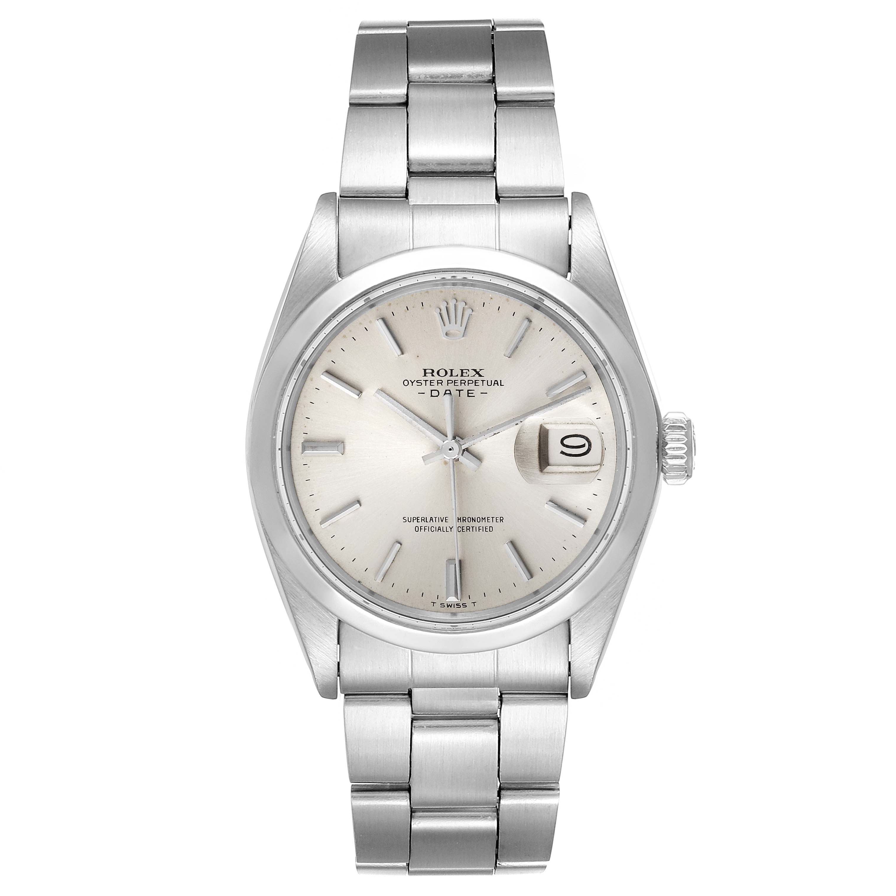 This image shows a front view of the Rolex Vintage Collection 1500 Men
s Stainless Steel Silver Dial 1500 Men
s Stainless Steel Silver Dial watch, displaying the dial, date window, and bracelet.