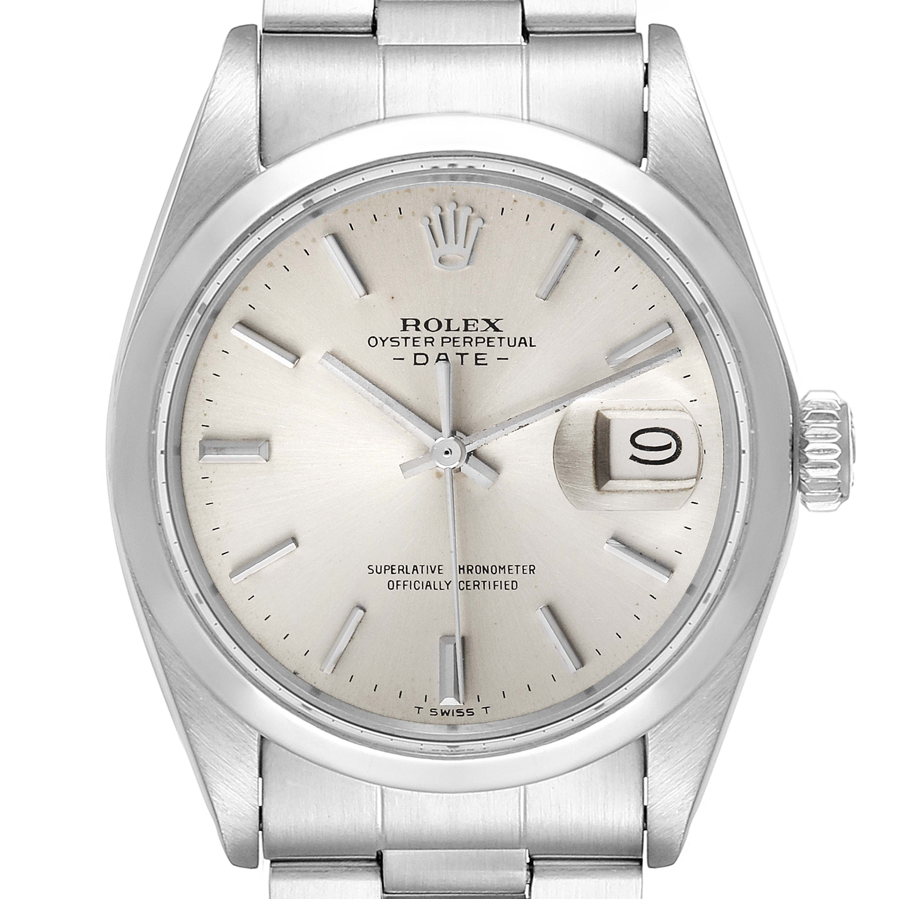 This image shows a front view of the Rolex Vintage Collection 1500 Men
s Stainless Steel Silver Dial 1500 Men
s Stainless Steel Silver Dial Oyster Perpetual Date watch, displaying its face, bezel, and part of the bracelet.