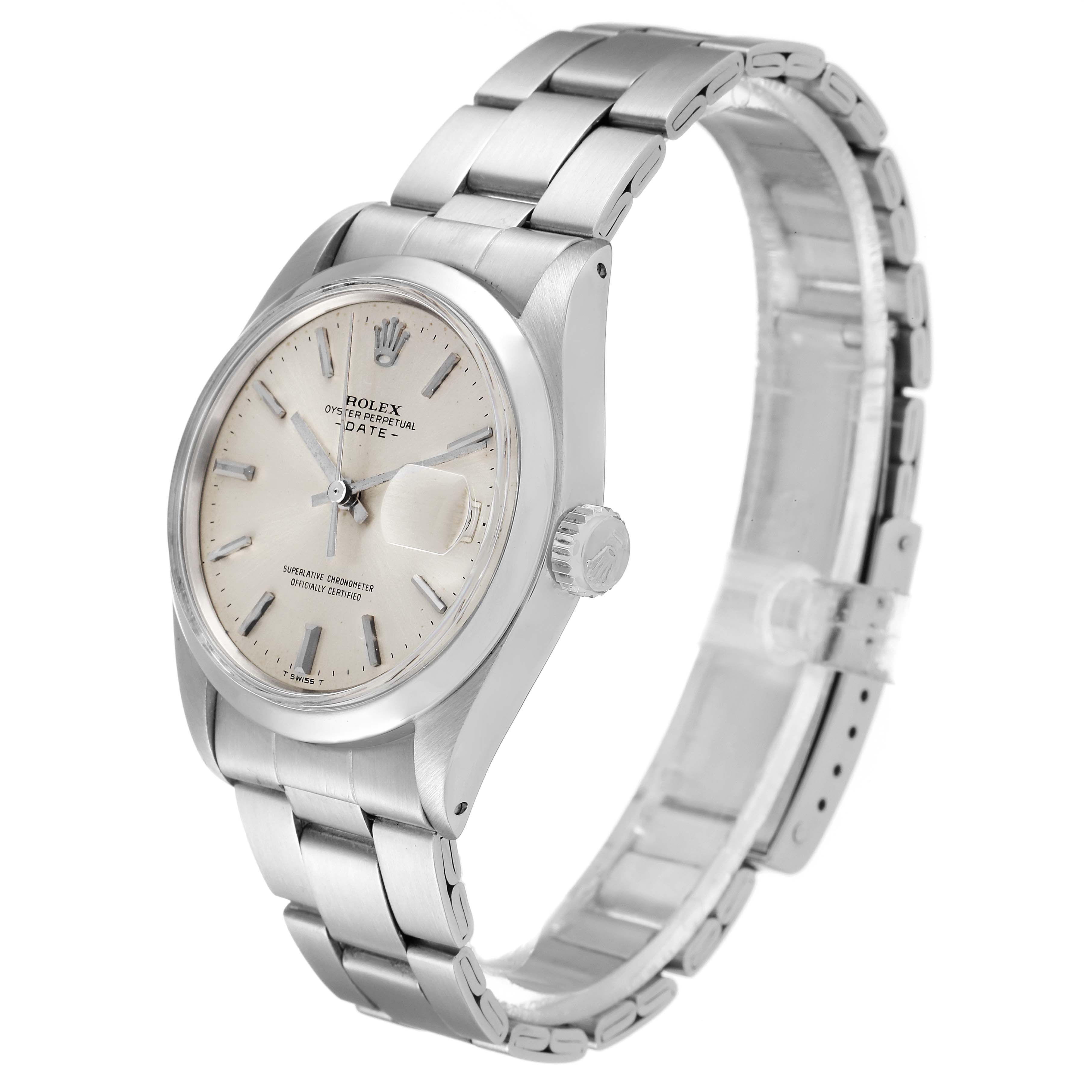 The image shows a side angle of a Rolex Vintage Collection 1500 Men
s Stainless Steel Silver Dial 1500 Men
s Stainless Steel Silver Dial watch, highlighting the face, bezel, crown, and bracelet.