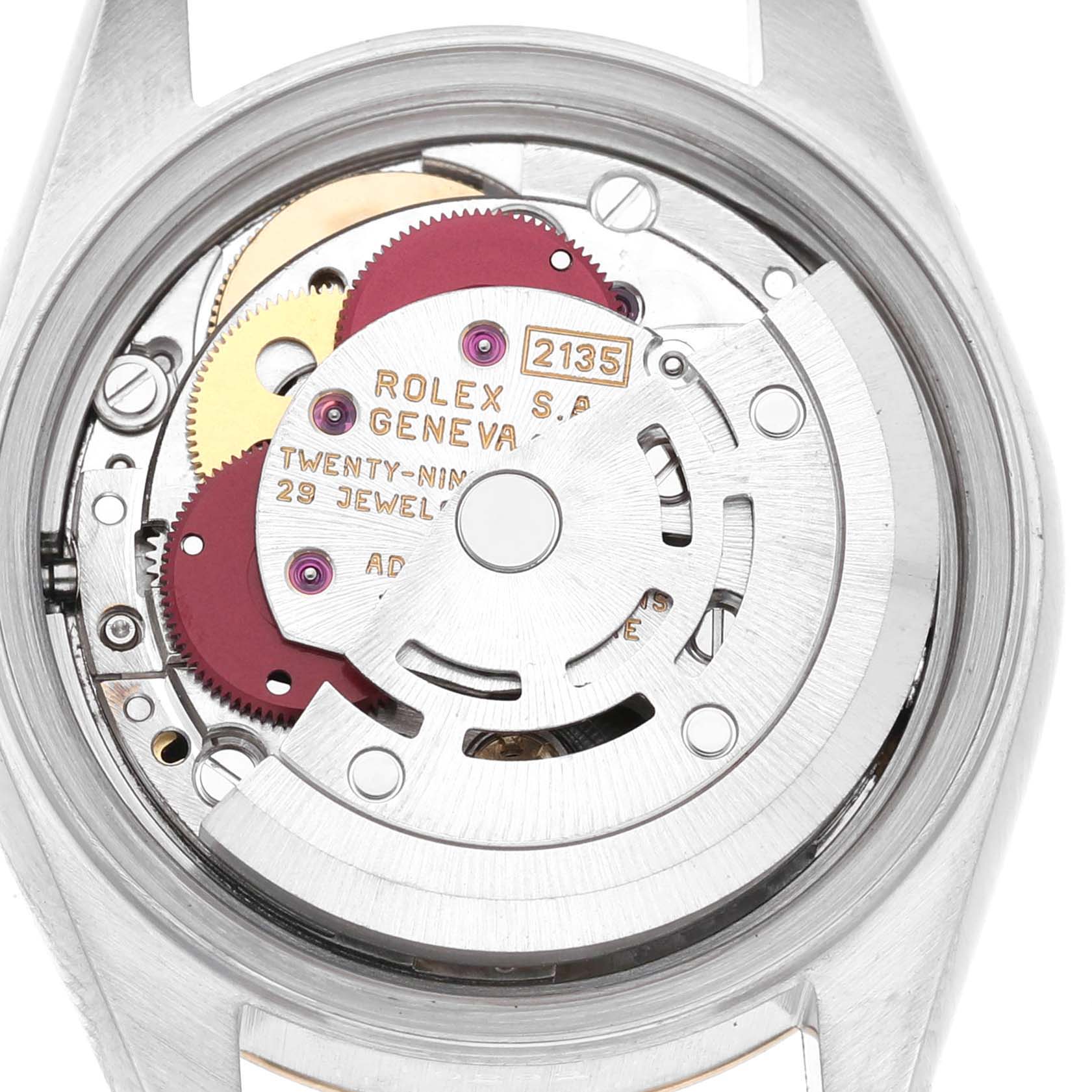 The image shows the movement of a Rolex Datejust 69173 Women's Steel and Gold (two tone) Champagne Dial watch from a back angle, highlighting its internal components.