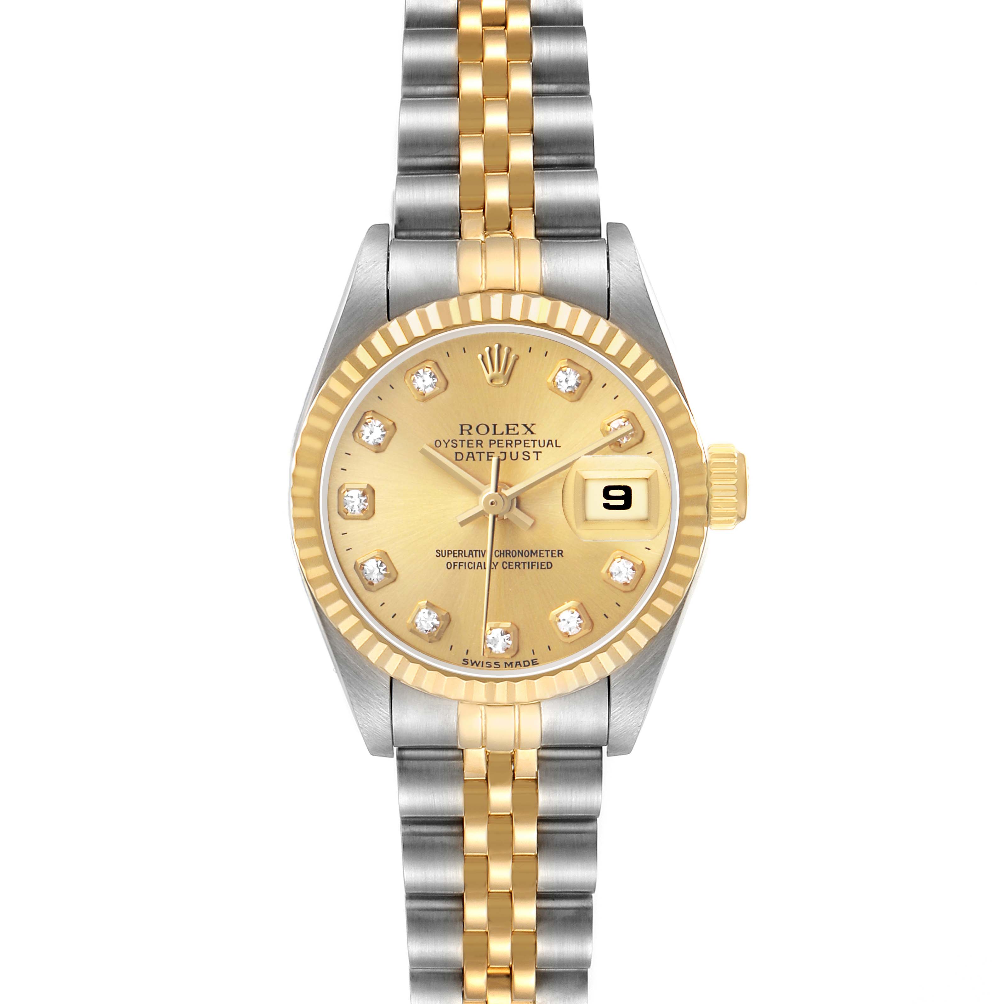 The Rolex Datejust 69173 Women's Steel and Gold (two tone) Champagne Dial watch is shown from a top-down angle, highlighting its gold dial, fluted bezel, and two-tone bracelet.
