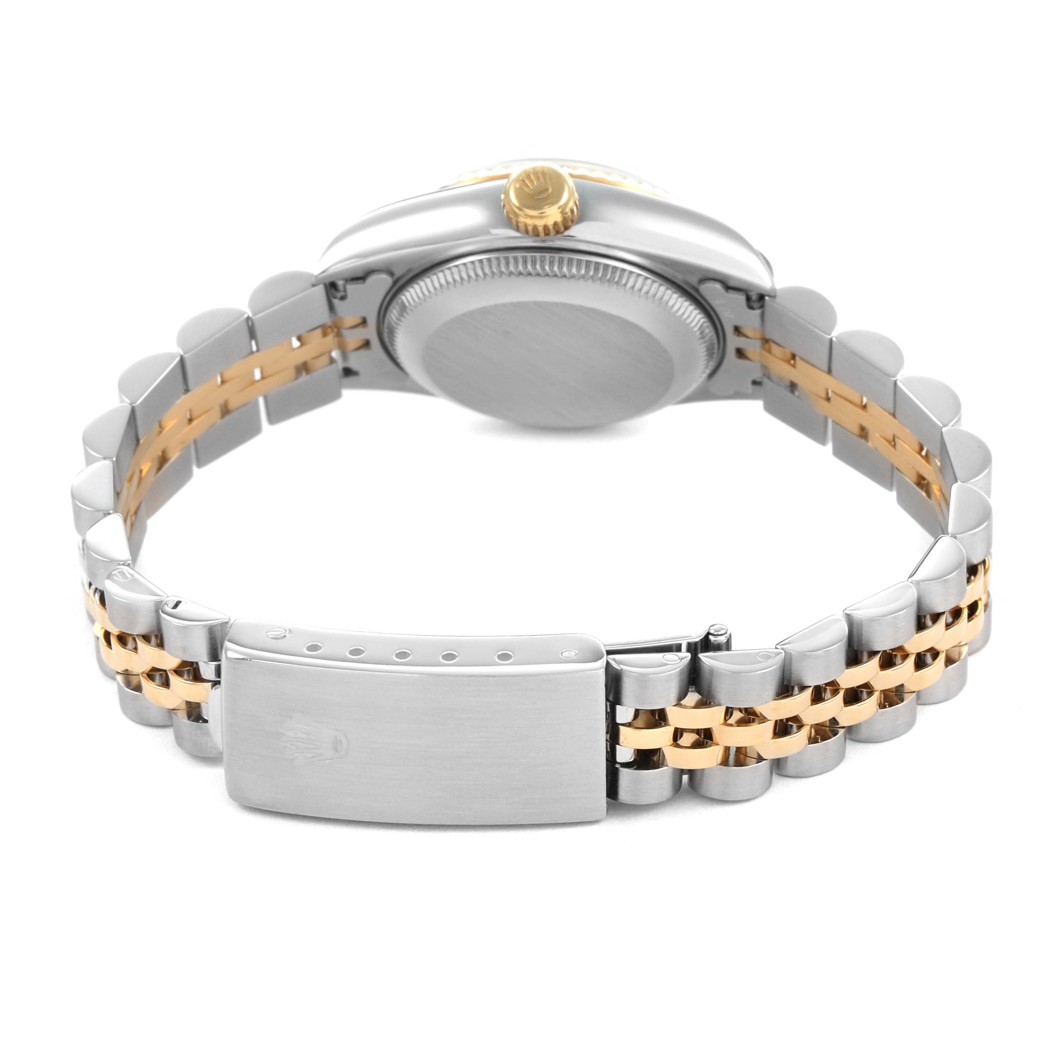 The image shows the back view of a Rolex Datejust 69173 Women's Steel and Gold (two tone) Champagne Dial, highlighting the case back, crown, and jubilee bracelet.