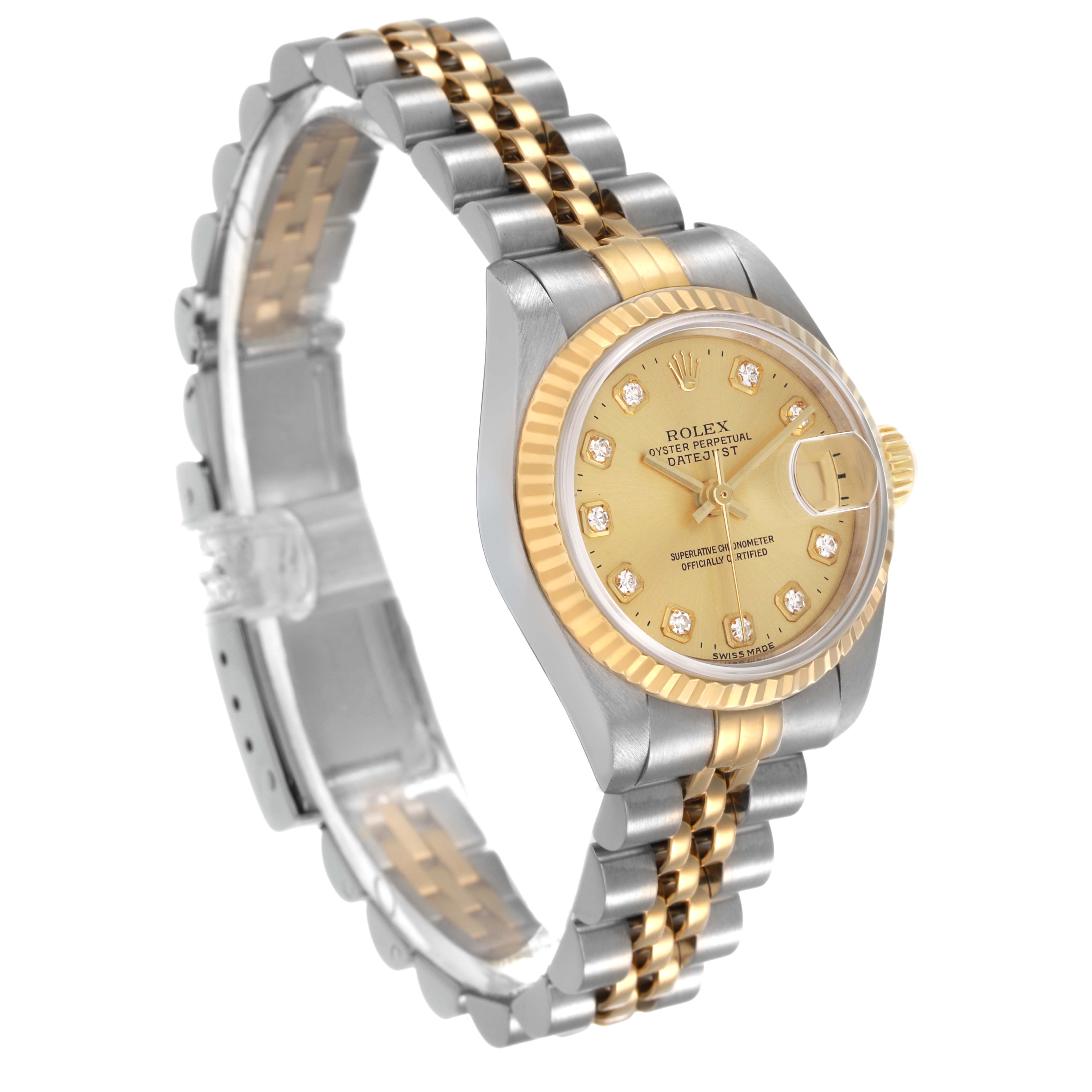 The Rolex Datejust 69173 Women's Steel and Gold (two tone) Champagne Dial watch is shown at a three-quarter angle, highlighting the face, bracelet, and bezel.