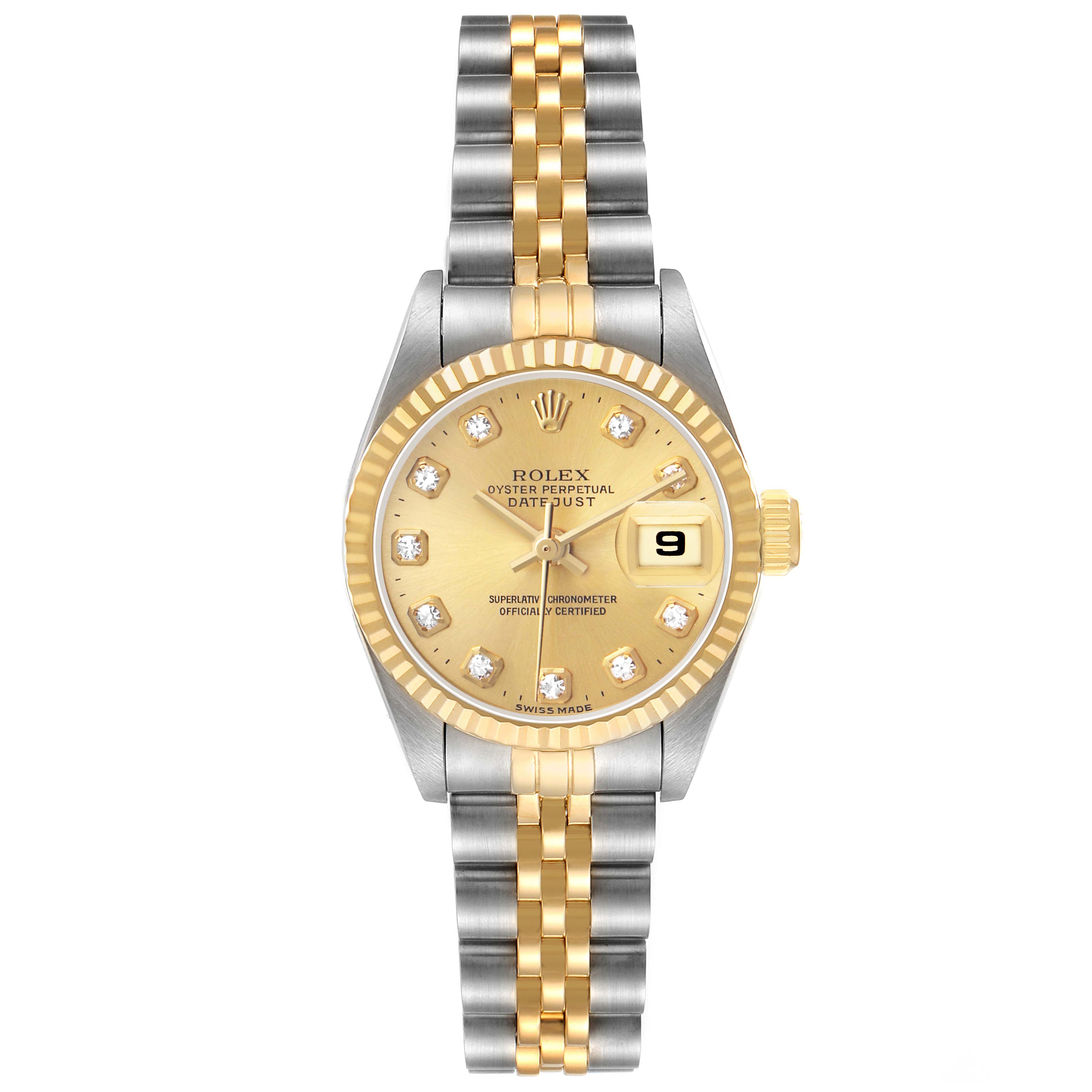 The Rolex Datejust 69173 Women's Steel and Gold (two tone) Champagne Dial watch is shown from the front, highlighting the champagne dial, diamond hour markers, and two-tone Jubilee bracelet.
