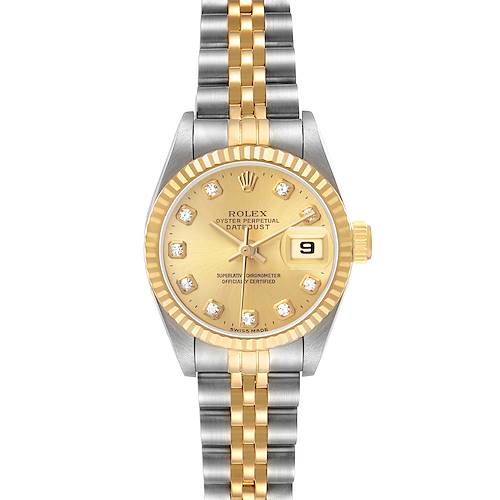 The Rolex Datejust 69173 Women's Steel and Gold (two tone) Champagne Dial watch is shown from the front, displaying its gold dial, diamond hour markers, and two-tone bracelet.