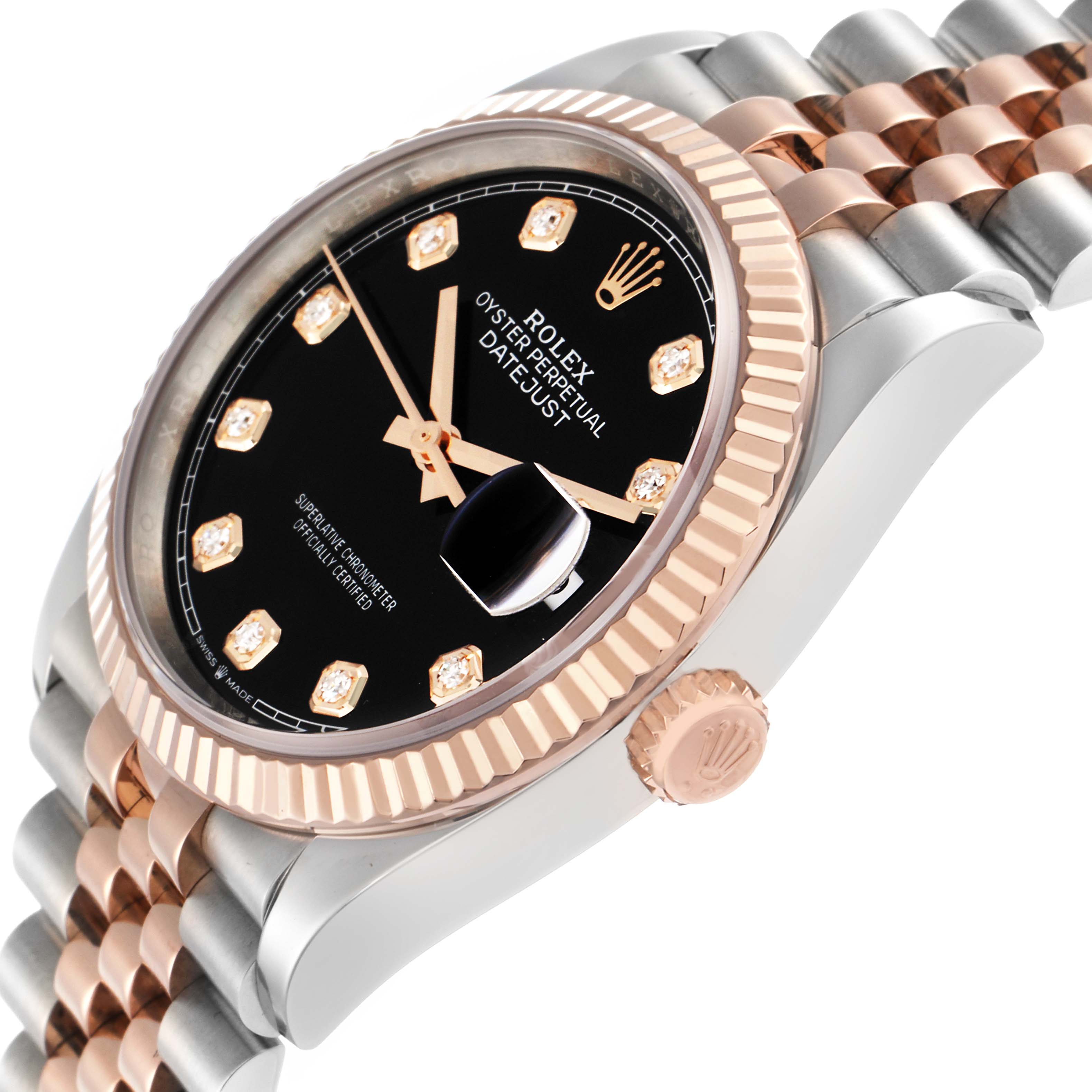 The Rolex Datejust 126231 Men
s Steel and Gold (two tone) Black Dial watch is shown at an angle displaying the face, bezel, crown, and part of the bracelet.