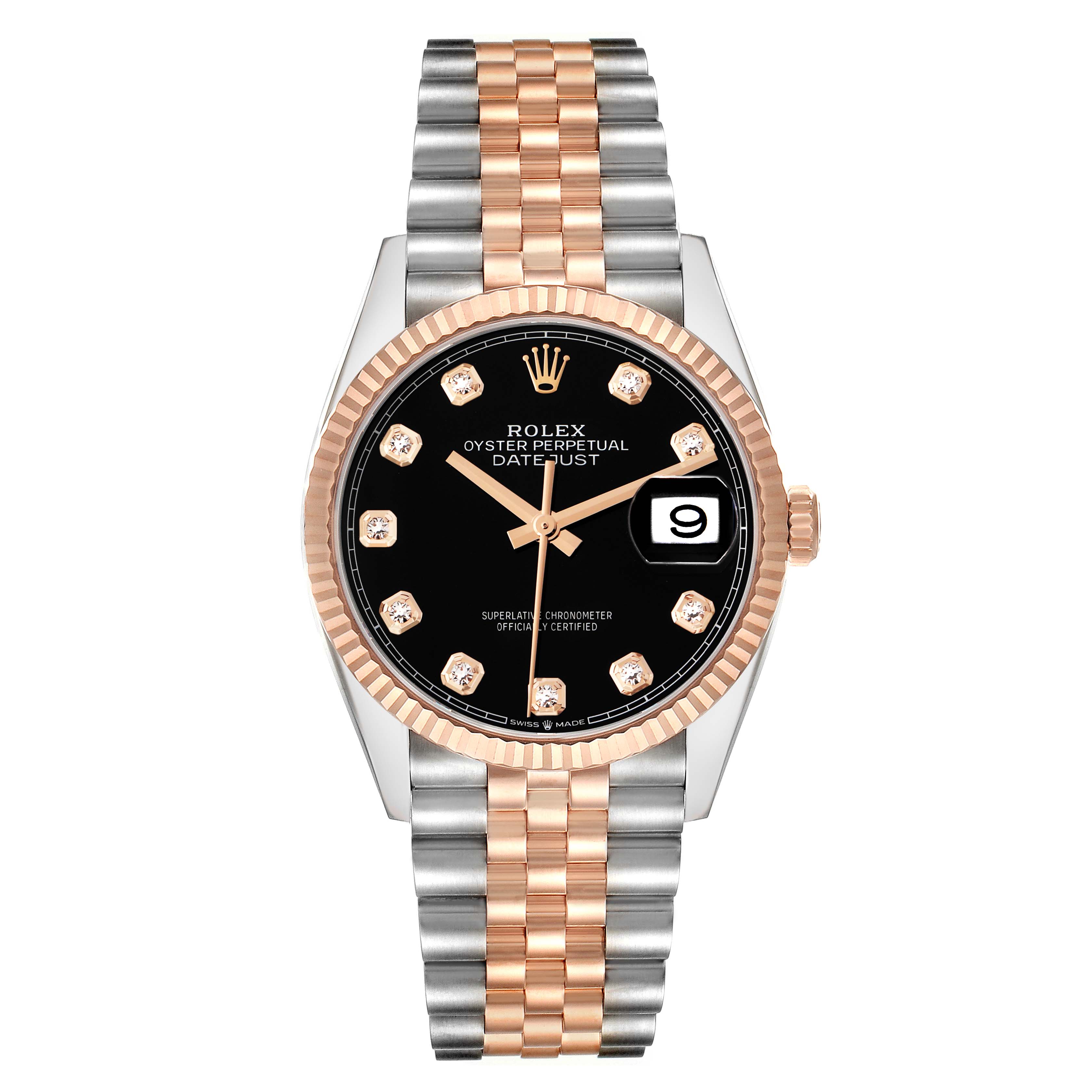 The Rolex Datejust 126231 Men
s Steel and Gold (two tone) Black Dial watch is shown from a front view, displaying the face, bezel, and bracelet clearly.