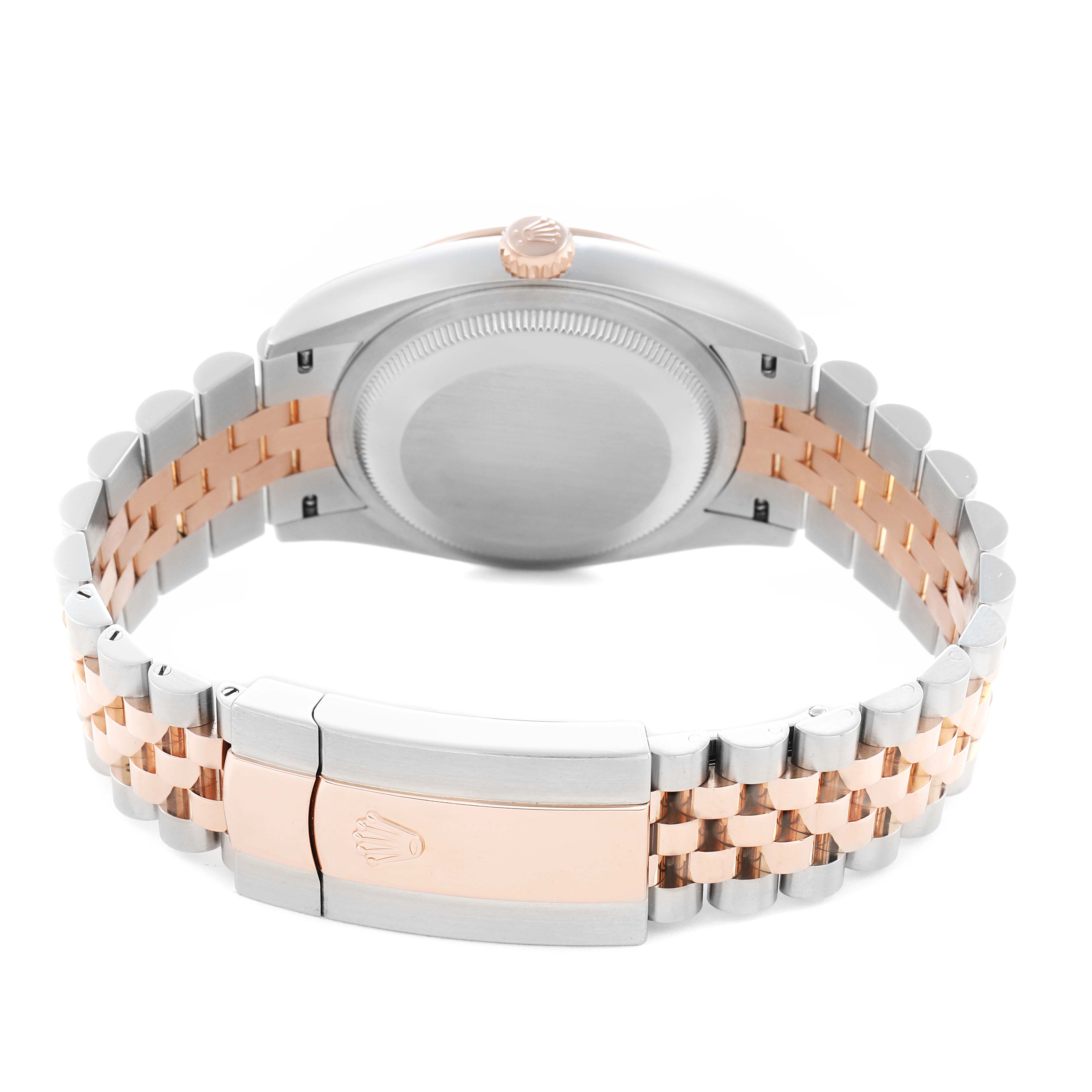 The image shows the back view of a Rolex Datejust 126231 Men
s Steel and Gold (two tone) Black Dial watch, highlighting the case back, crown, and Jubilee bracelet.