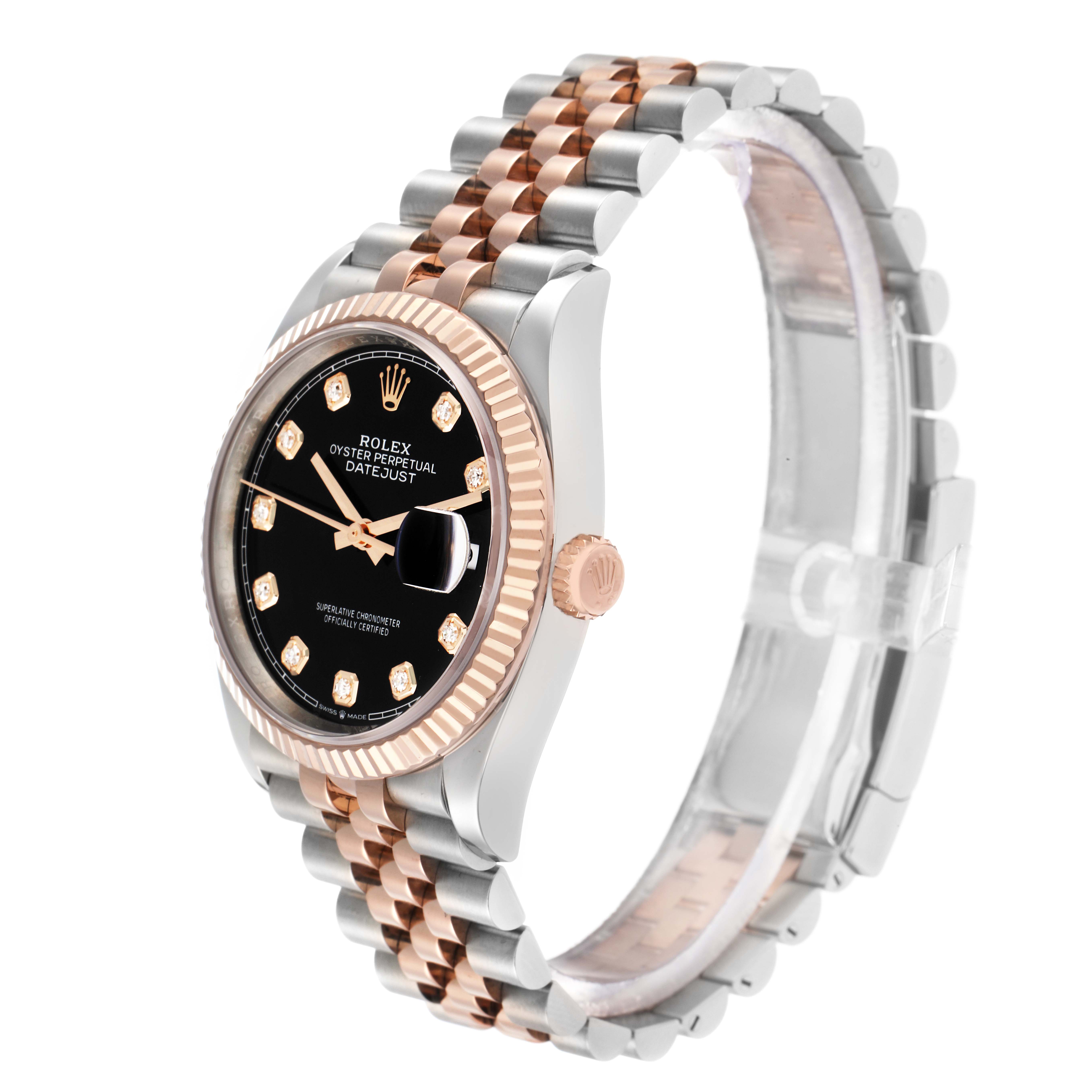 The Rolex Datejust 126231 Men
s Steel and Gold (two tone) Black Dial watch is shown at an angle highlighting the face, fluted bezel, crown, and two-tone bracelet.