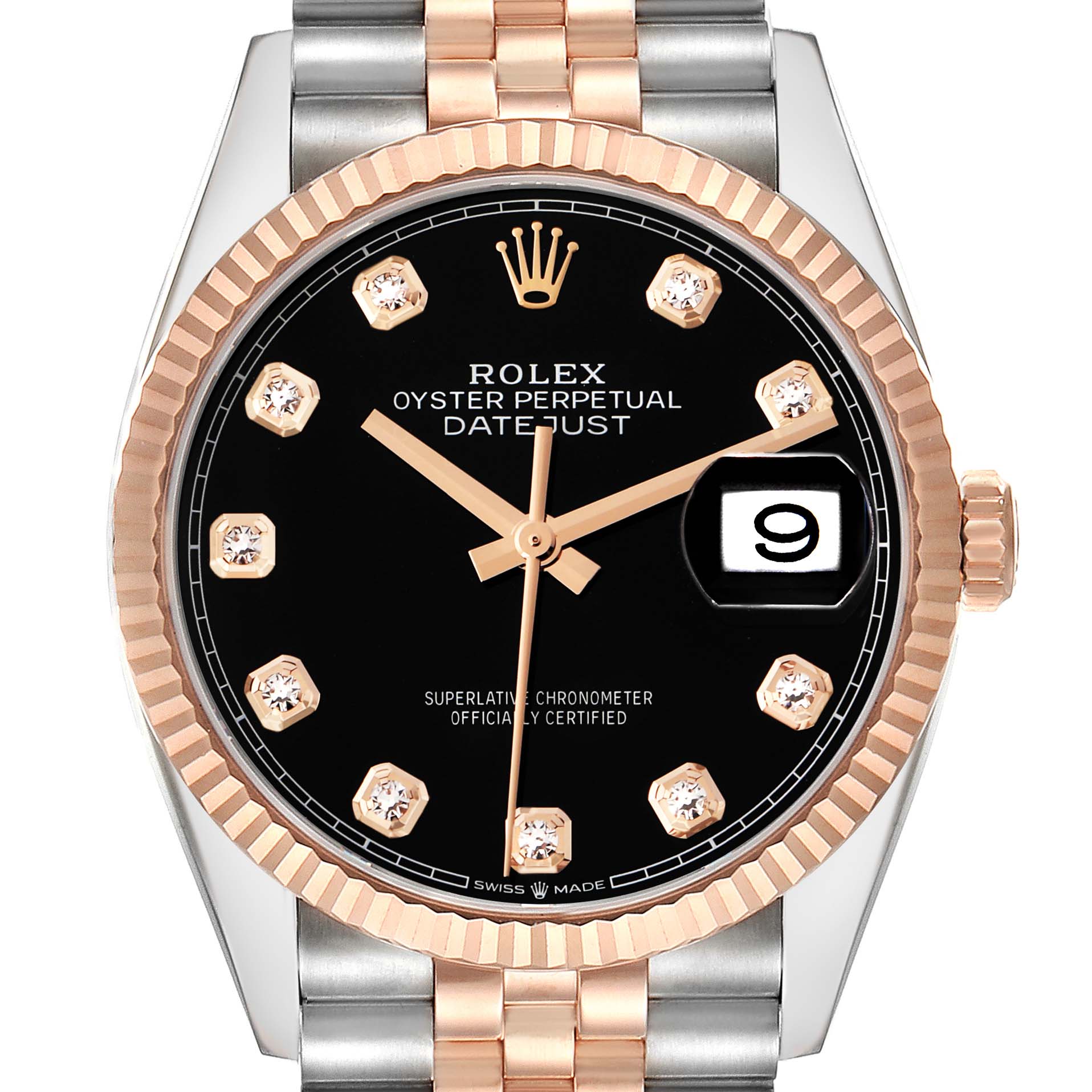 The Rolex Datejust 126231 Men
s Steel and Gold (two tone) Black Dial watch is shown from the front, highlighting the bezel, dial, hands, date, and parts of the bracelet.