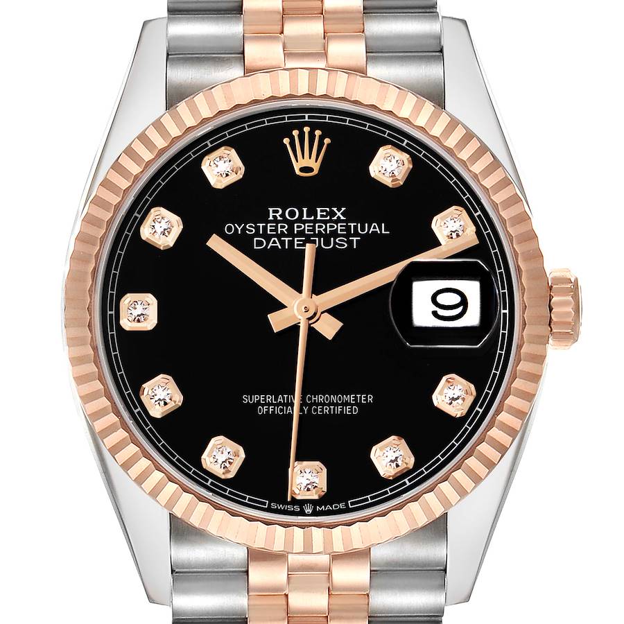 The Rolex Datejust 126231 Men's Steel and Gold (two tone) Black Dial watch is shown from the front, highlighting the bezel, dial, hands, date, and parts of the bracelet.