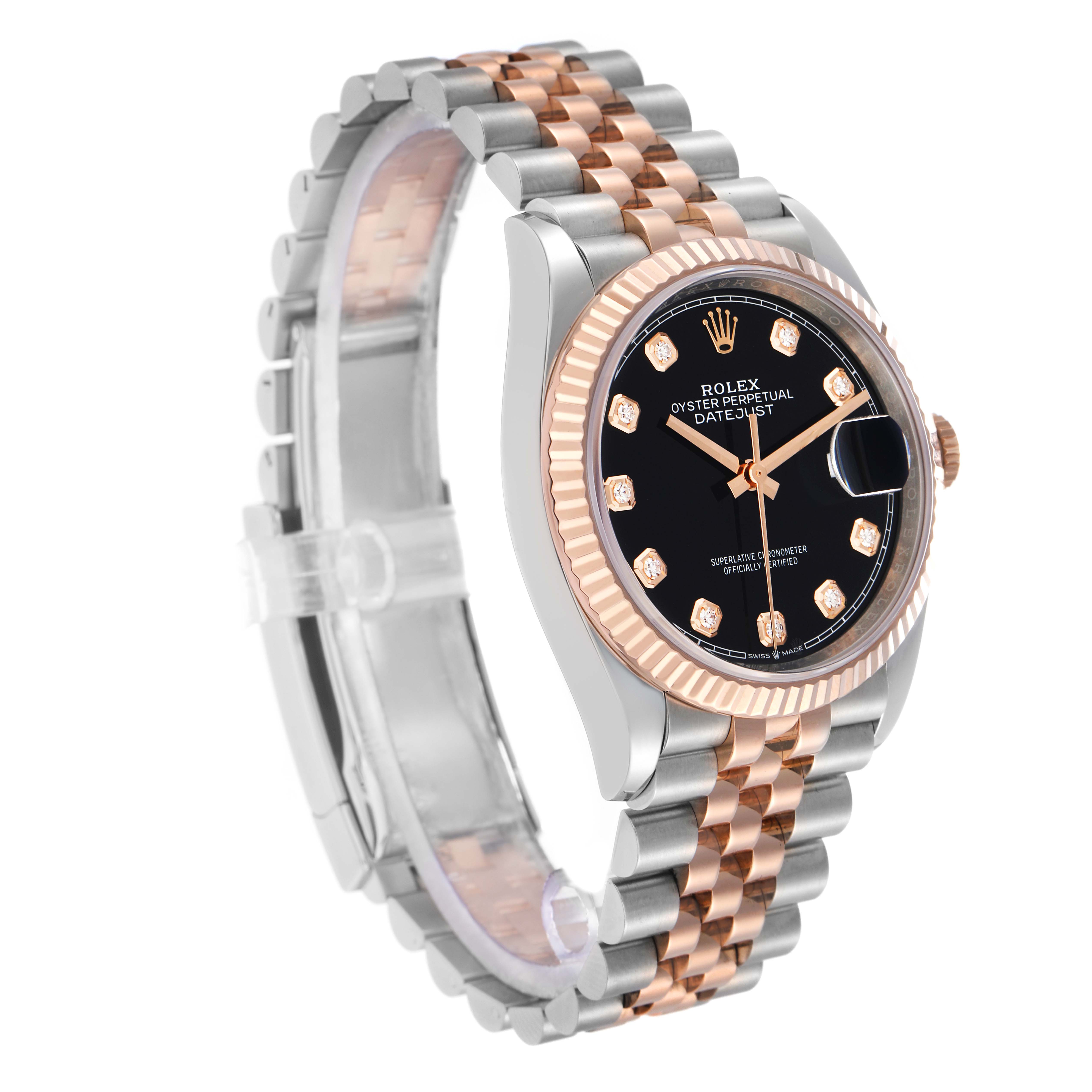 The Rolex Datejust 126231 Men
s Steel and Gold (two tone) Black Dial watch is shown at an angled view, highlighting its black dial, fluted bezel, and two-tone bracelet.