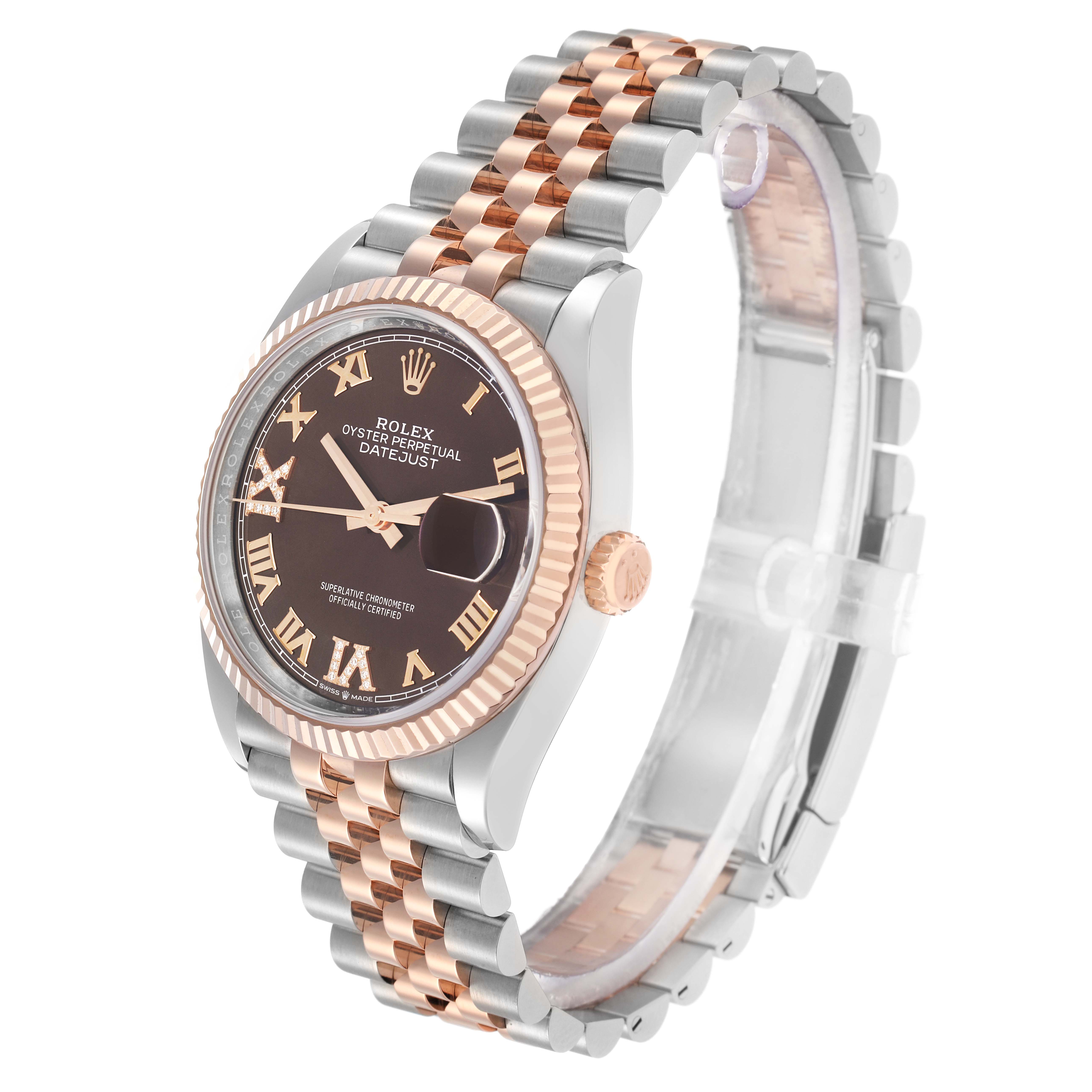 The Rolex Datejust 126231 Men
s Steel and Gold (two tone) Brown Dial watch is shown at a three-quarter angle displaying the face, crown, and jubilee bracelet.