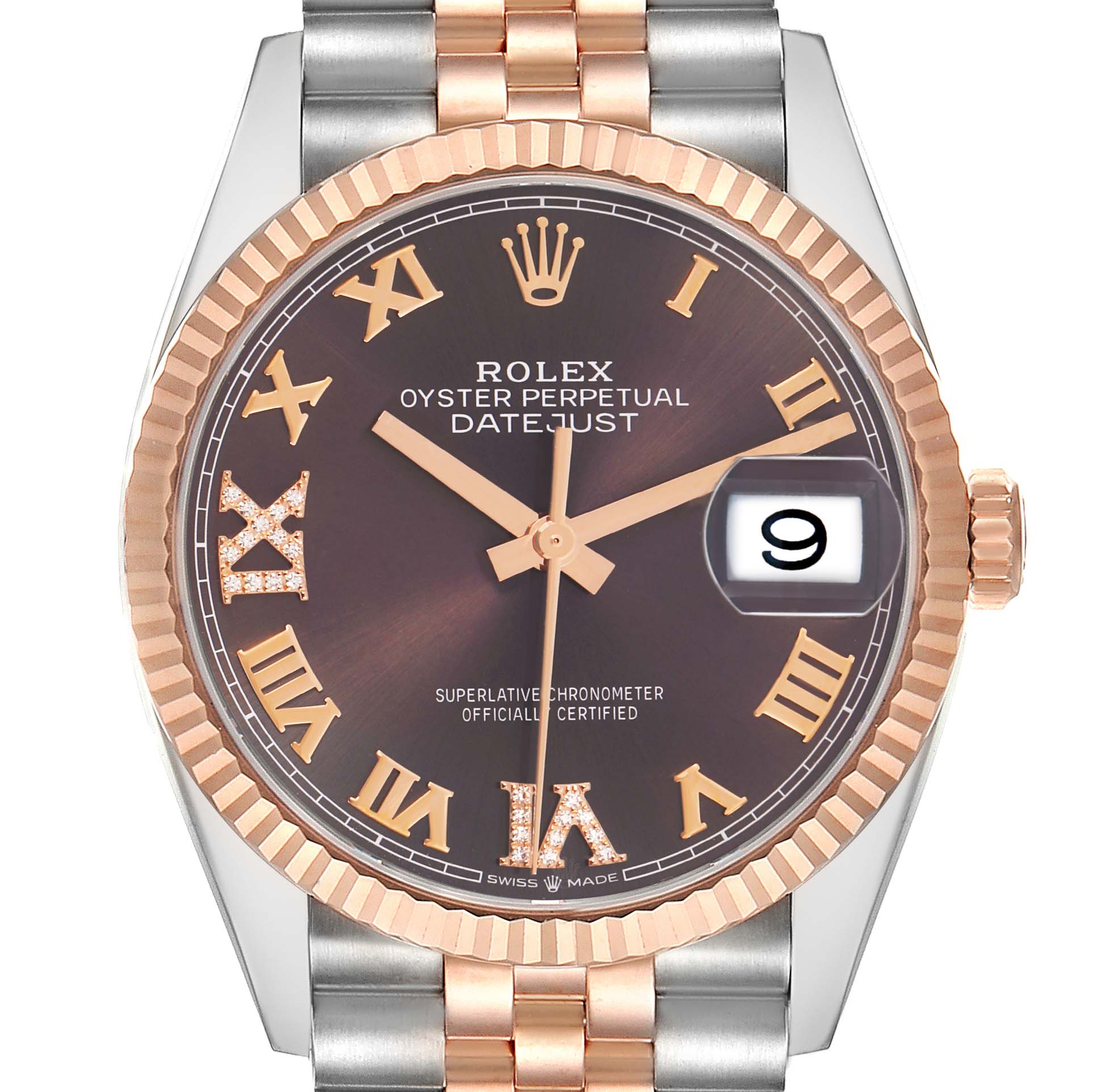 The Rolex Datejust 126231 Men
s Steel and Gold (two tone) Brown Dial watch is shown from the front, highlighting its dial, bezel, hands, and date window.