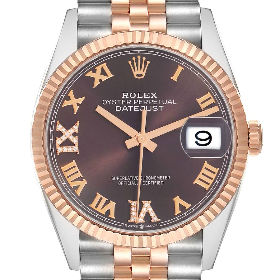 The Rolex Datejust 126231 Men's Steel and Gold (two tone) Brown Dial watch is shown from the front, highlighting its dial, bezel, hands, and date window.