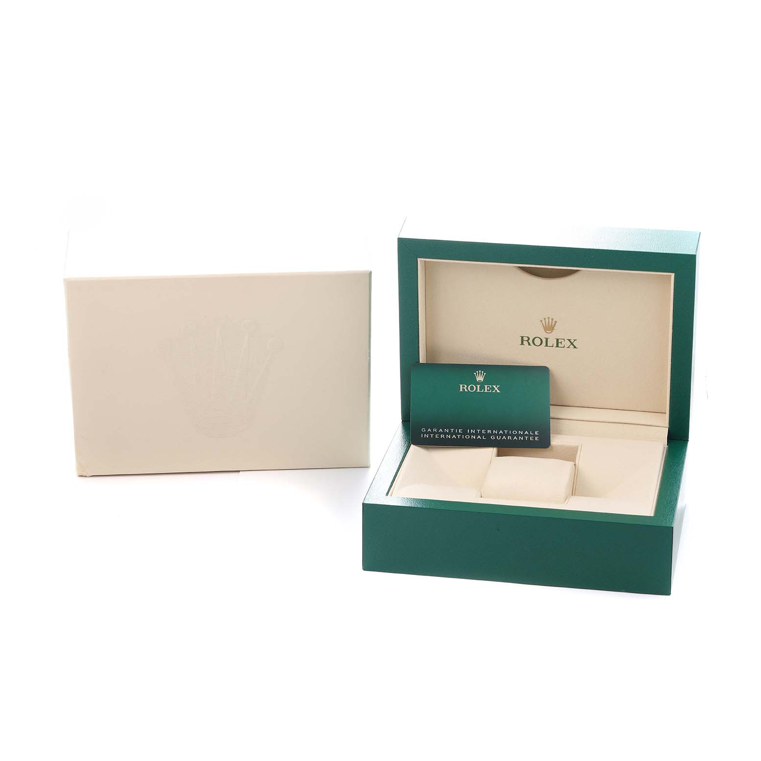 The image shows the open packaging and card of a Rolex Datejust 126231 Men
s Steel and Gold (two tone) Brown Dial box set at a slight angle.