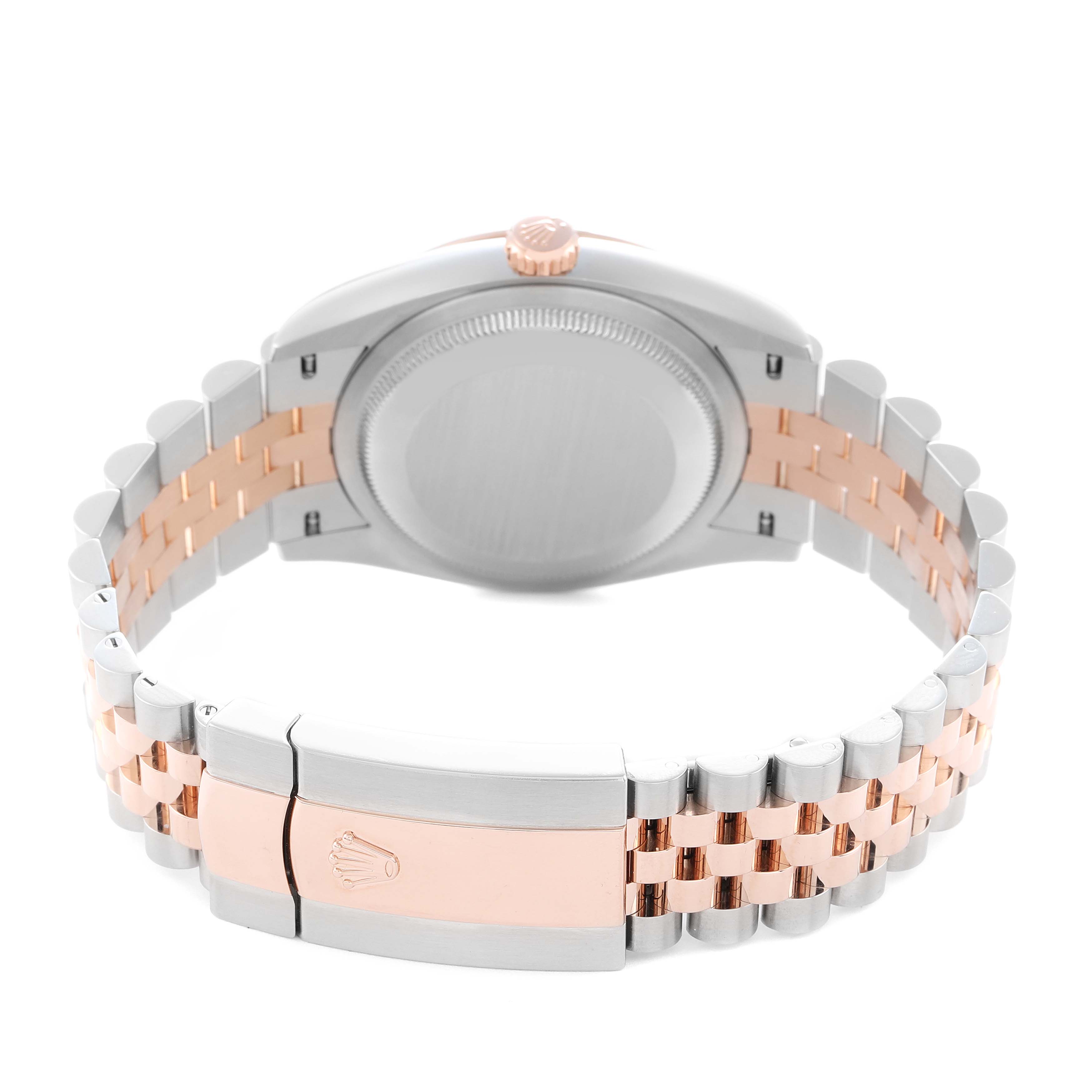 The Rolex Datejust 126231 Men
s Steel and Gold (two tone) Brown Dial watch is shown from the back, highlighting its case back, crown, and Jubilee bracelet with a clasp.