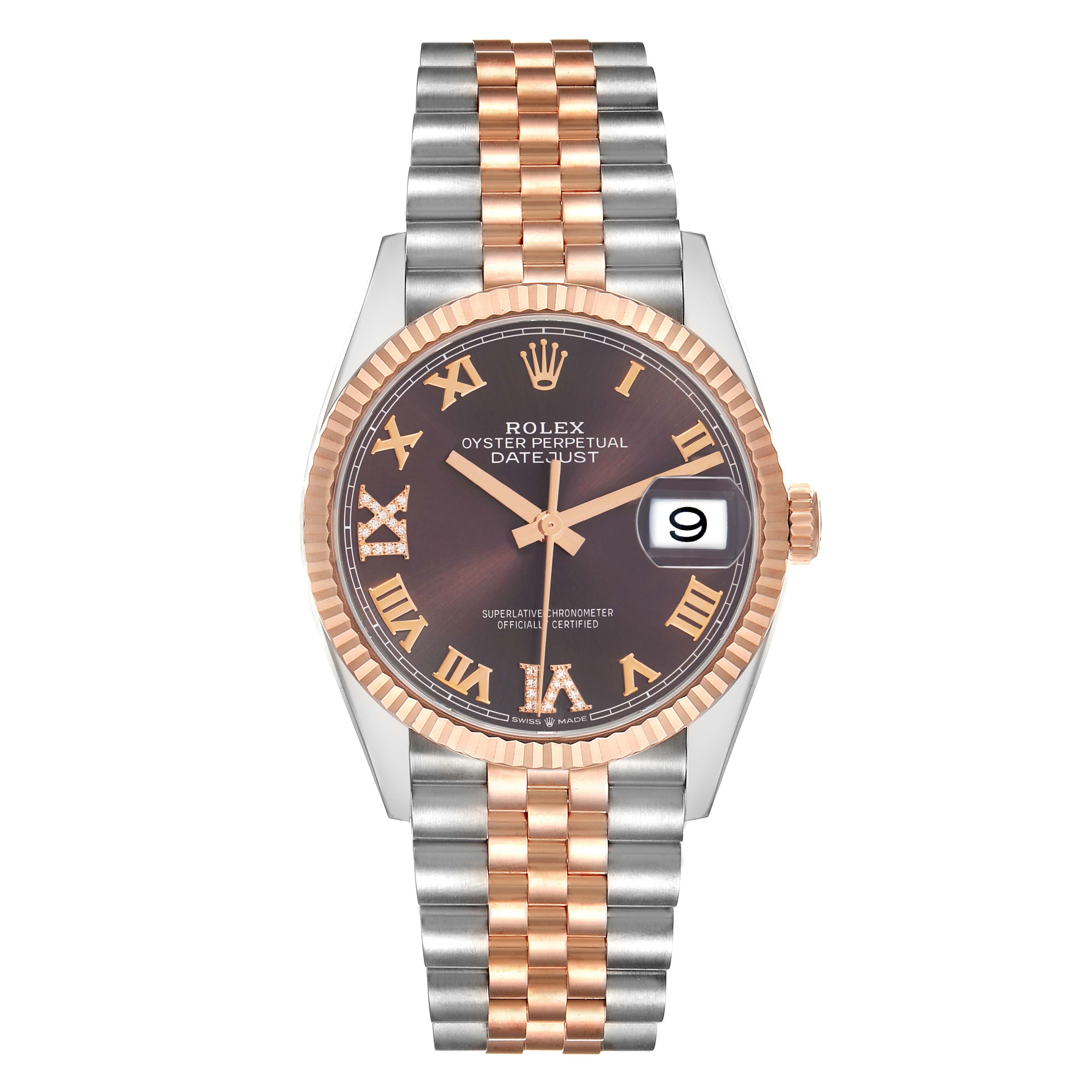 The Rolex Datejust 126231 Men
s Steel and Gold (two tone) Brown Dial watch is shown from the front, displaying the dial, bezel, crown, and bracelet.