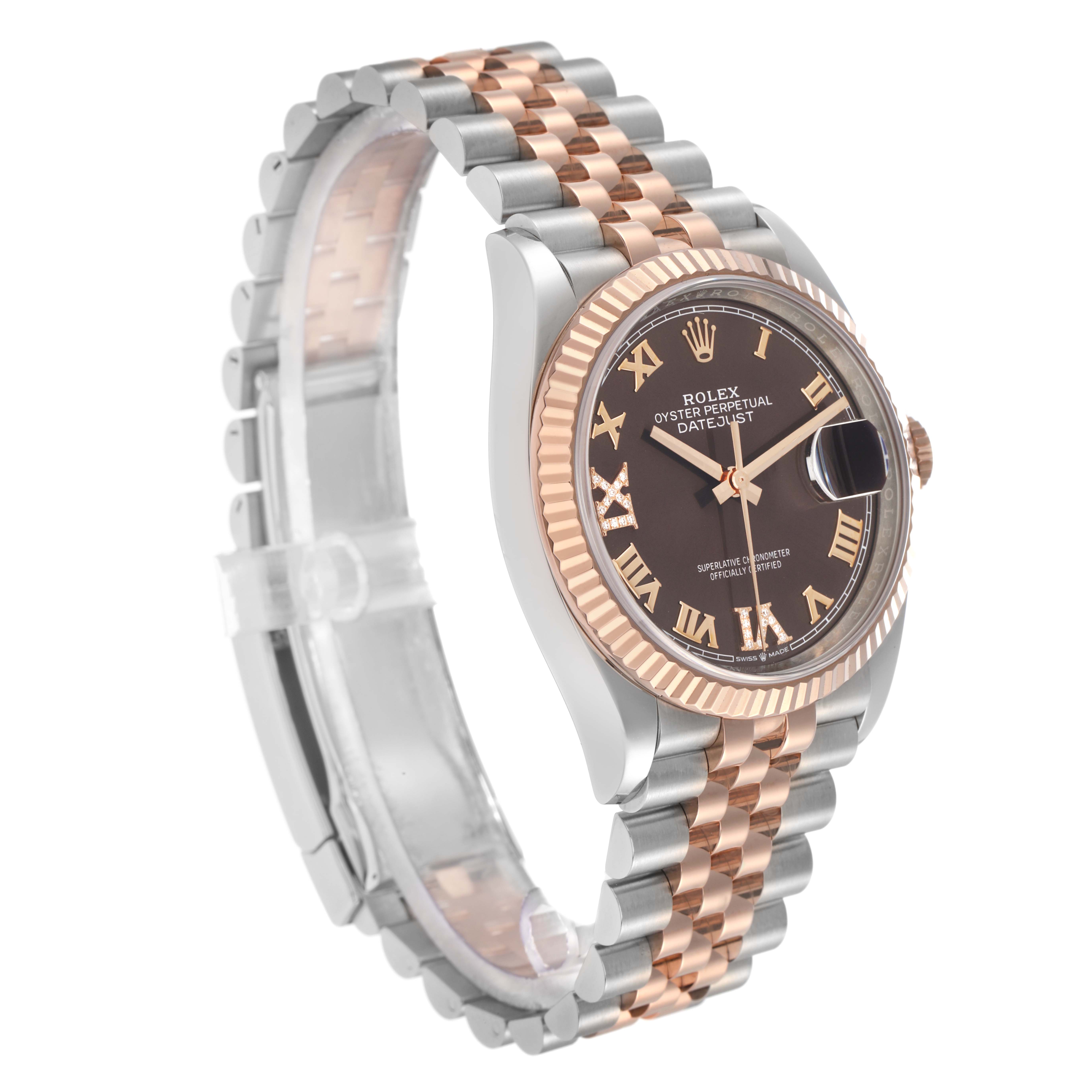 The Rolex Datejust 126231 Men
s Steel and Gold (two tone) Brown Dial watch is shown at a side angle, displaying the face, bezel, and two-tone bracelet.
