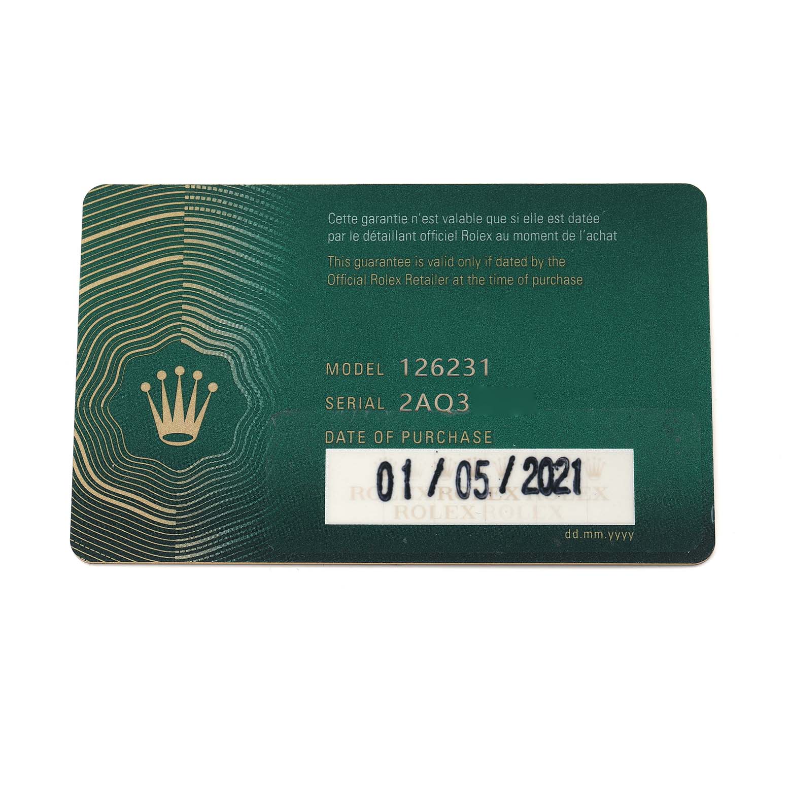 The image shows a Rolex guarantee card for the Datejust model, displaying model number, serial number, and purchase date.