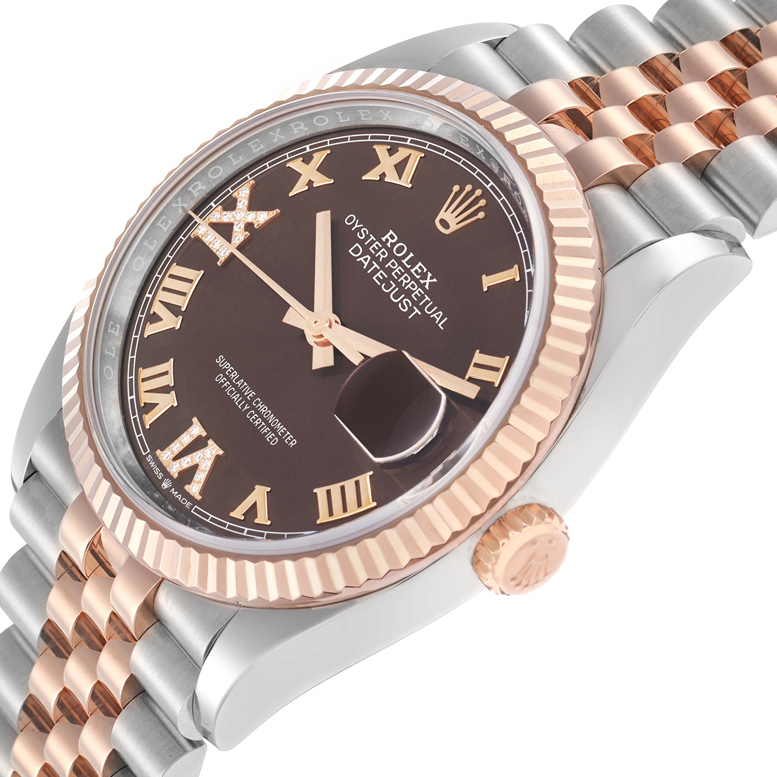 The image shows a Rolex Datejust 126231 Men
s Steel and Gold (two tone) Brown Dial at an angled view, highlighting the bezel, crown, dial, and bracelet.