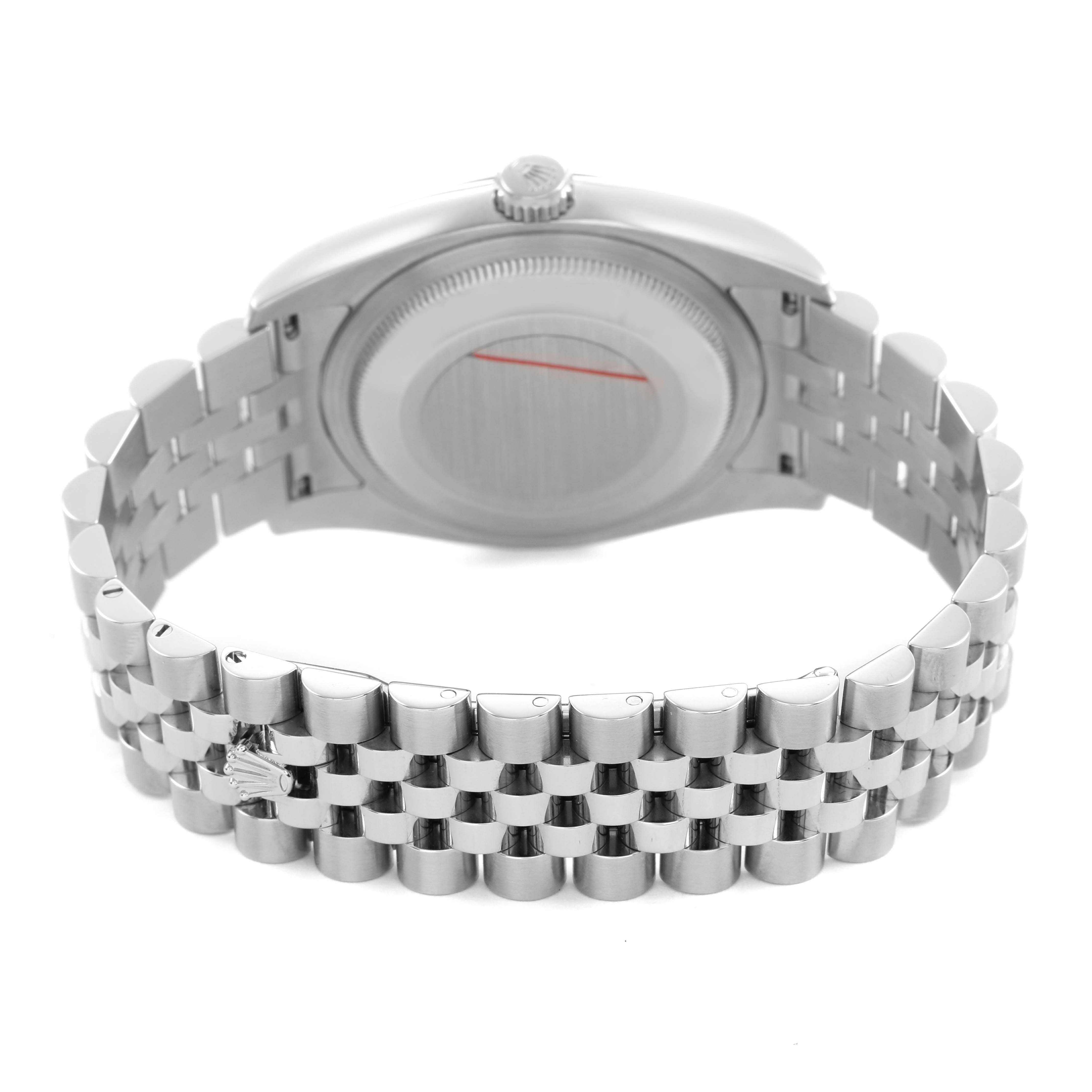 The image shows the back case and Jubilee bracelet of a Rolex Datejust 116234 Men's Stainless Steel Silver Dial watch from a rear angle.