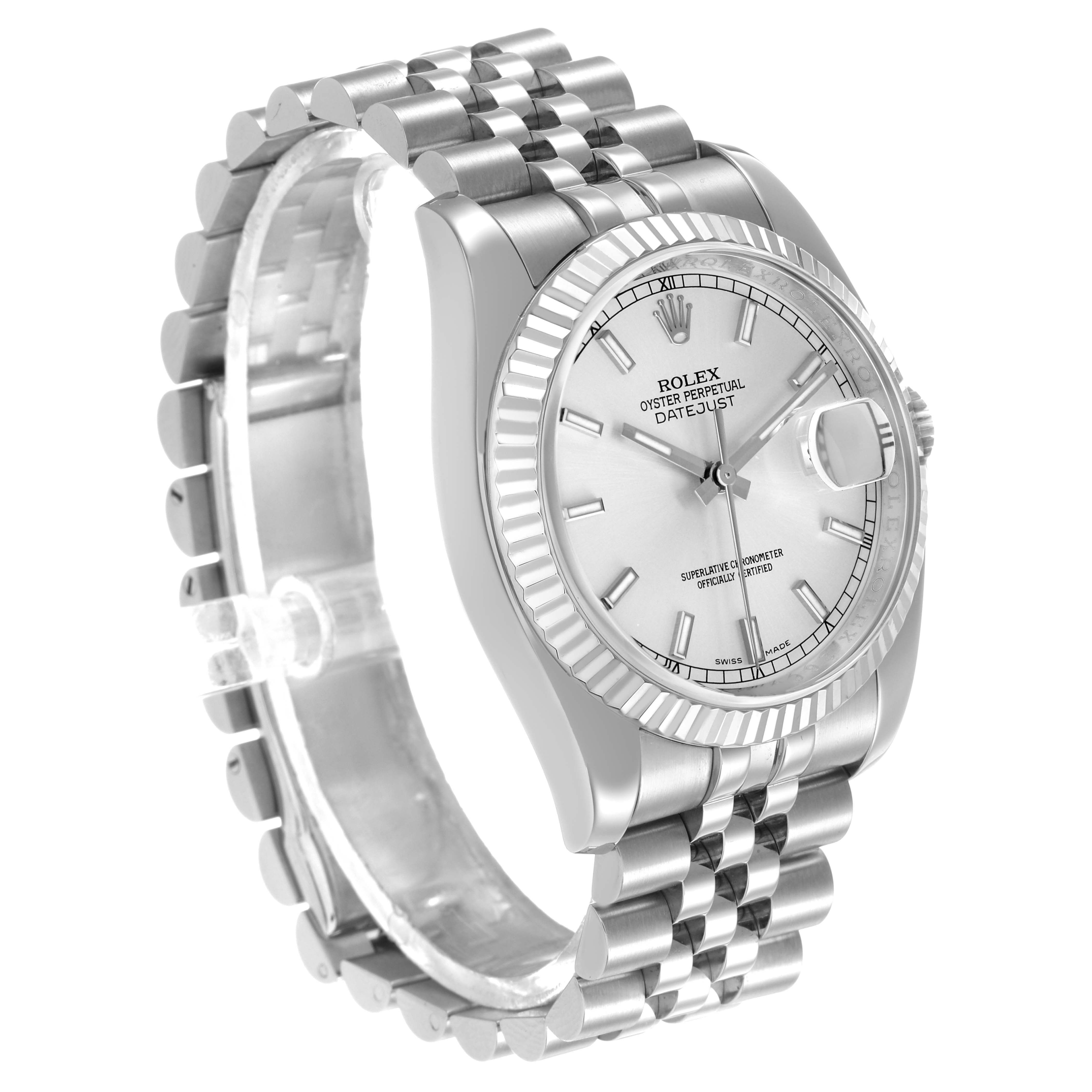 The Rolex Datejust 116234 Men's Stainless Steel Silver Dial watch is shown at a slight angle, displaying its face, bezel, bracelet, and crown.