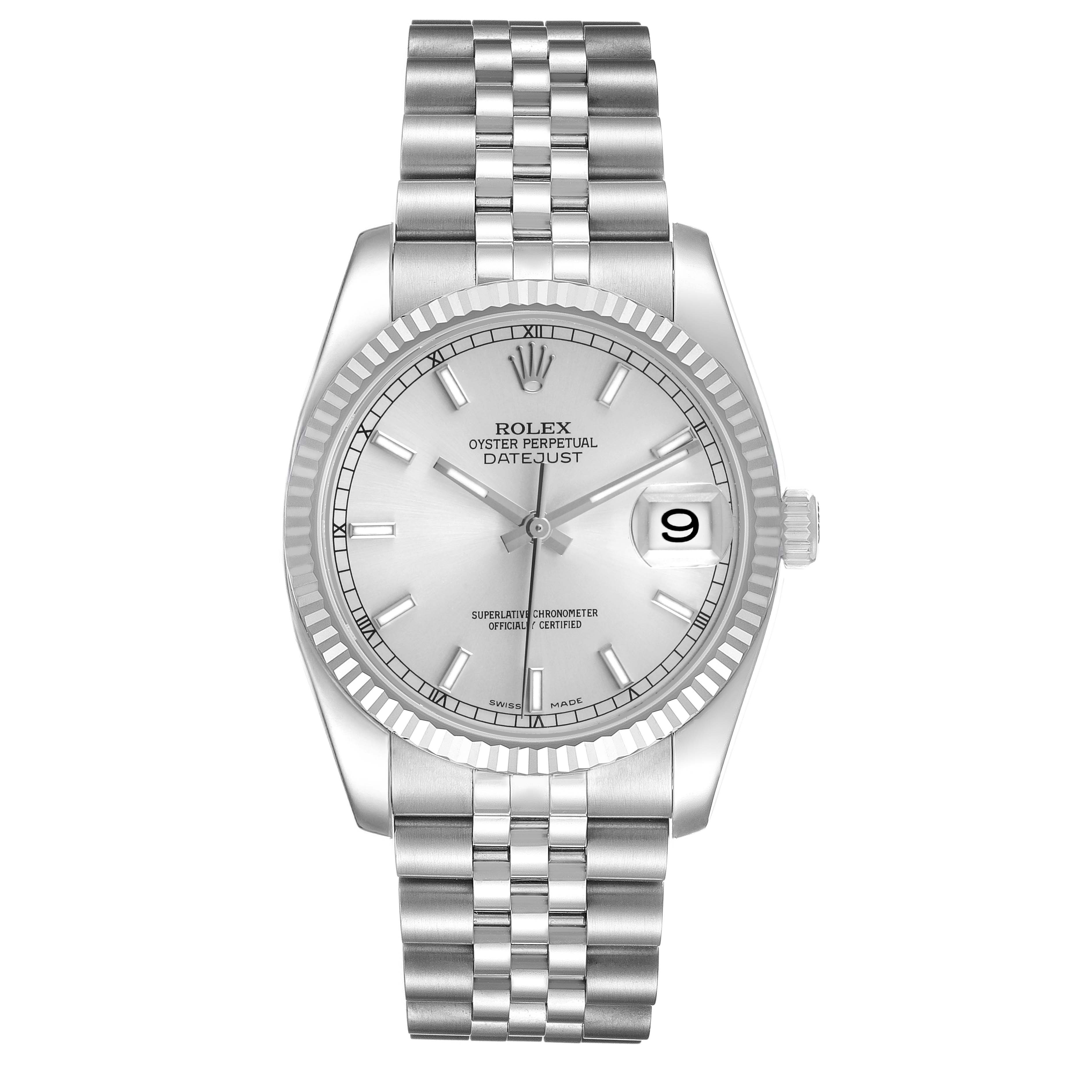 The Rolex Datejust 116234 Men's Stainless Steel Silver Dial watch is shown from the front, highlighting the dial, bezel, bracelet, and date window.