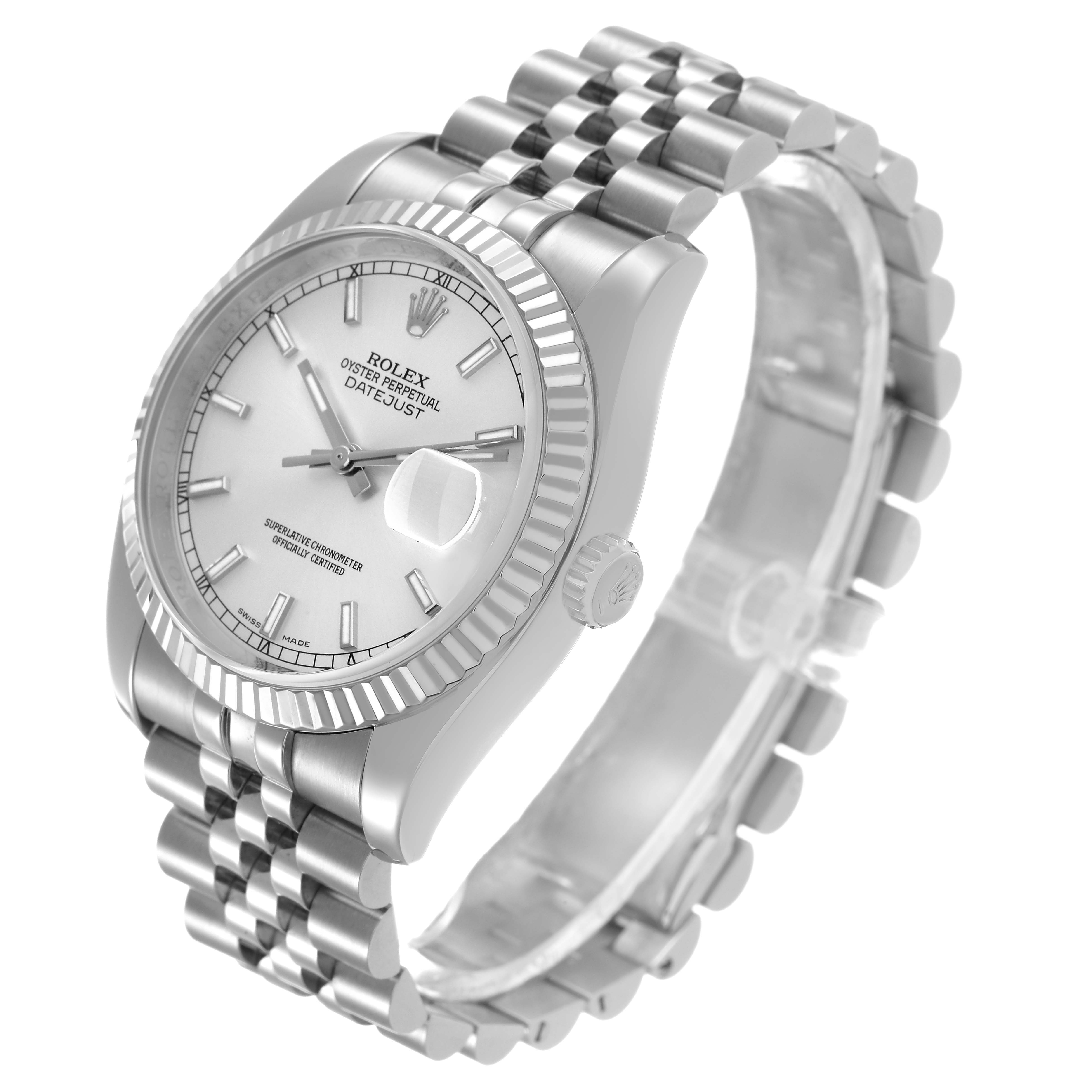This Rolex Datejust 116234 Men's Stainless Steel Silver Dial watch is shown at a three-quarter angle, displaying the dial, bezel, case, crown, and bracelet.