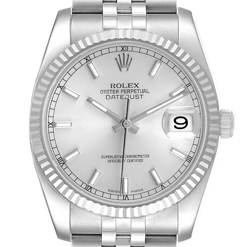 The image shows a front view of a Rolex Datejust 116234 Men's Stainless Steel Silver Dial watch, highlighting its dial, bezel, hands, and date window.