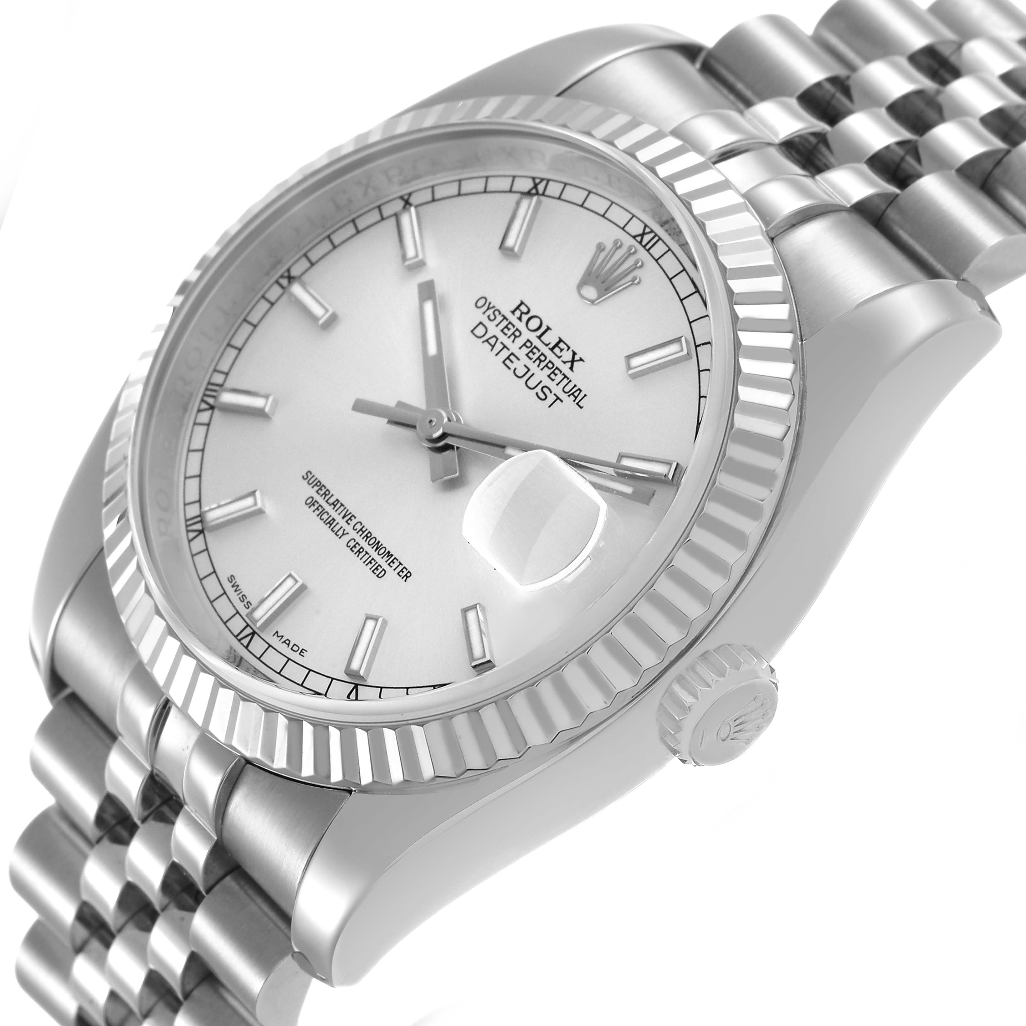 The image shows a Rolex Datejust 116234 Men's Stainless Steel Silver Dial from a three-quarter angle, highlighting the dial, bezel, crown, and jubilee bracelet.