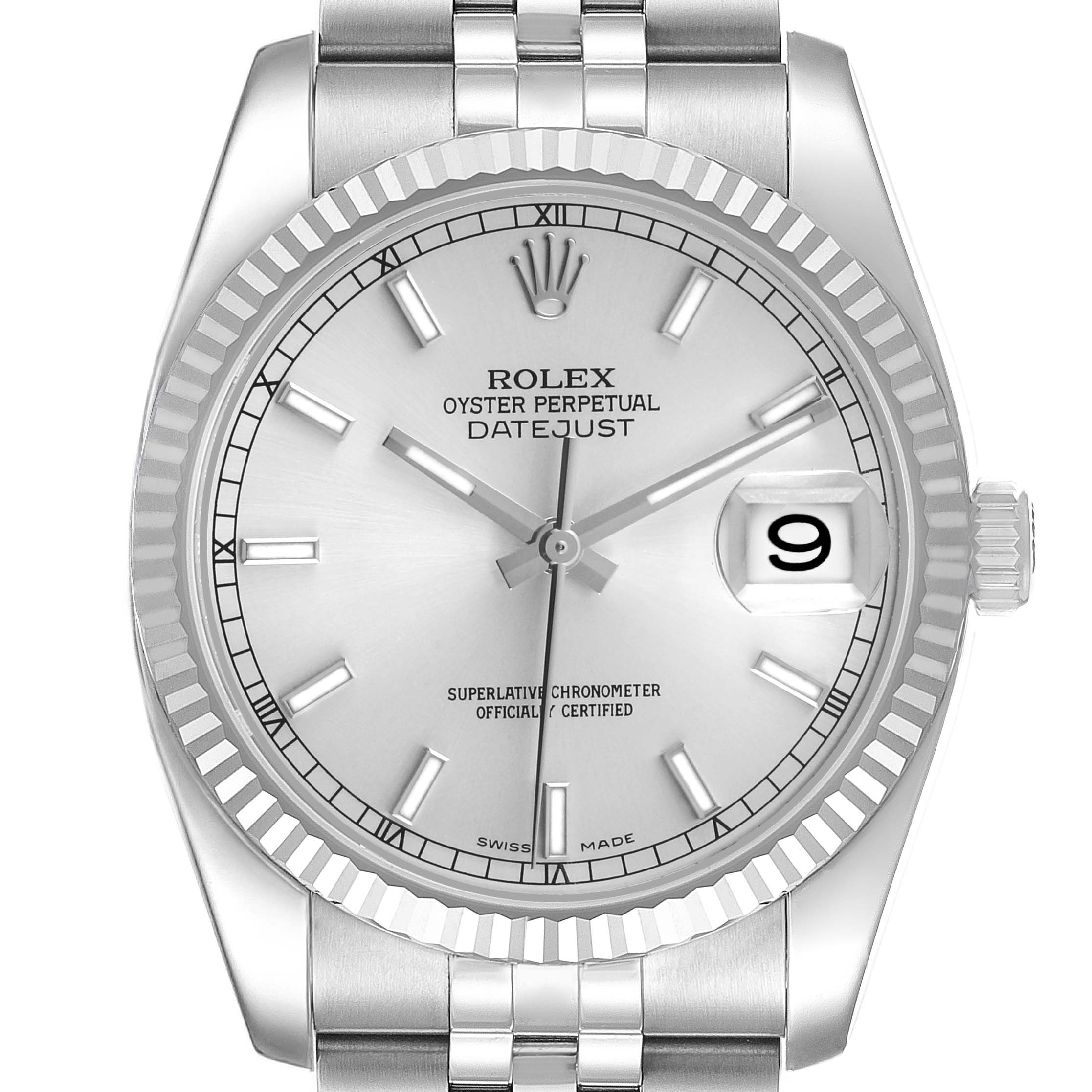 The image shows a front view of the Rolex Datejust 116234 Men's Stainless Steel Silver Dial, highlighting the bezel, dial, hands, and bracelet.
