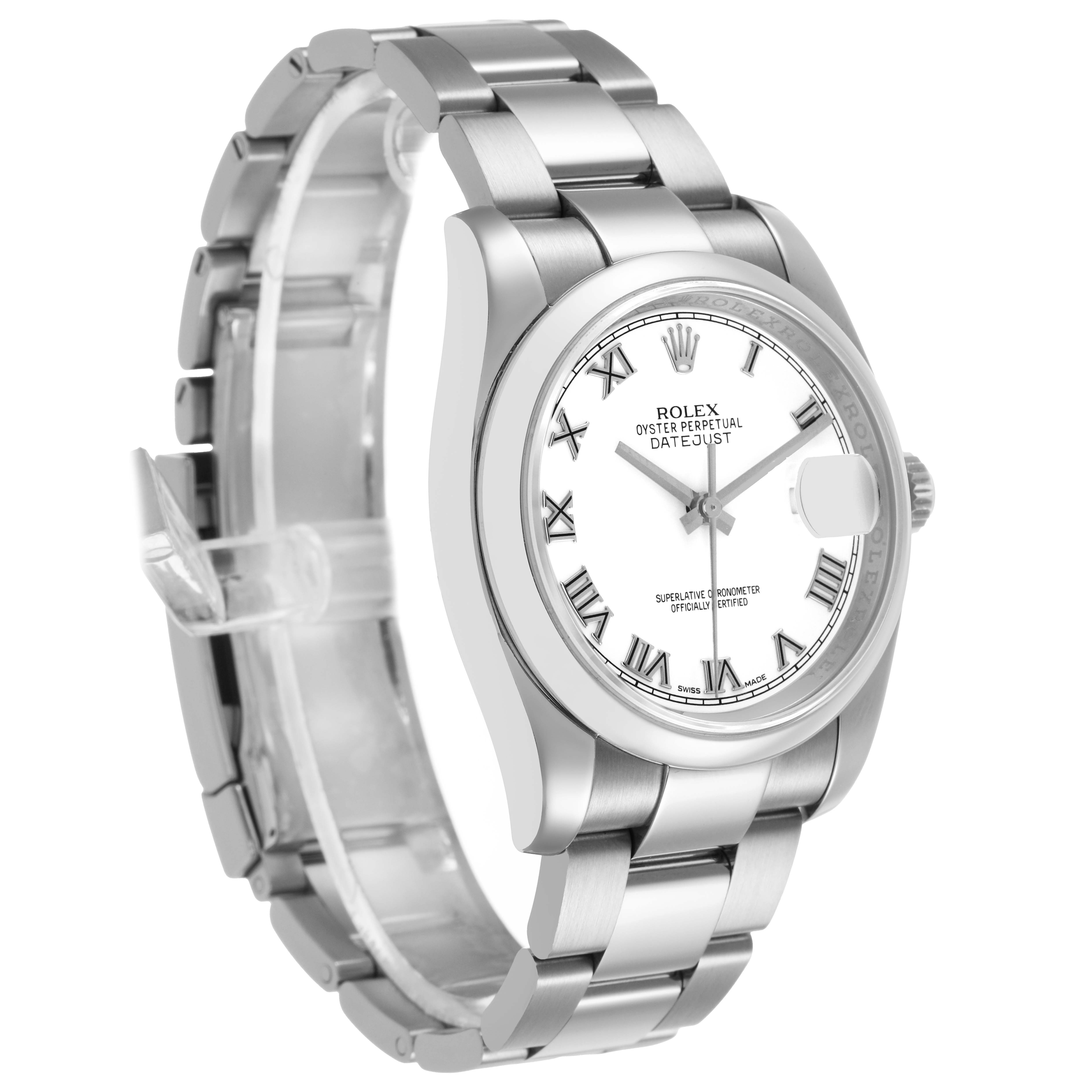 The Rolex Datejust 116200 Men's Stainless Steel White Dial watch is shown at an angled side view, displaying the bracelet, case, dial, and bezel.