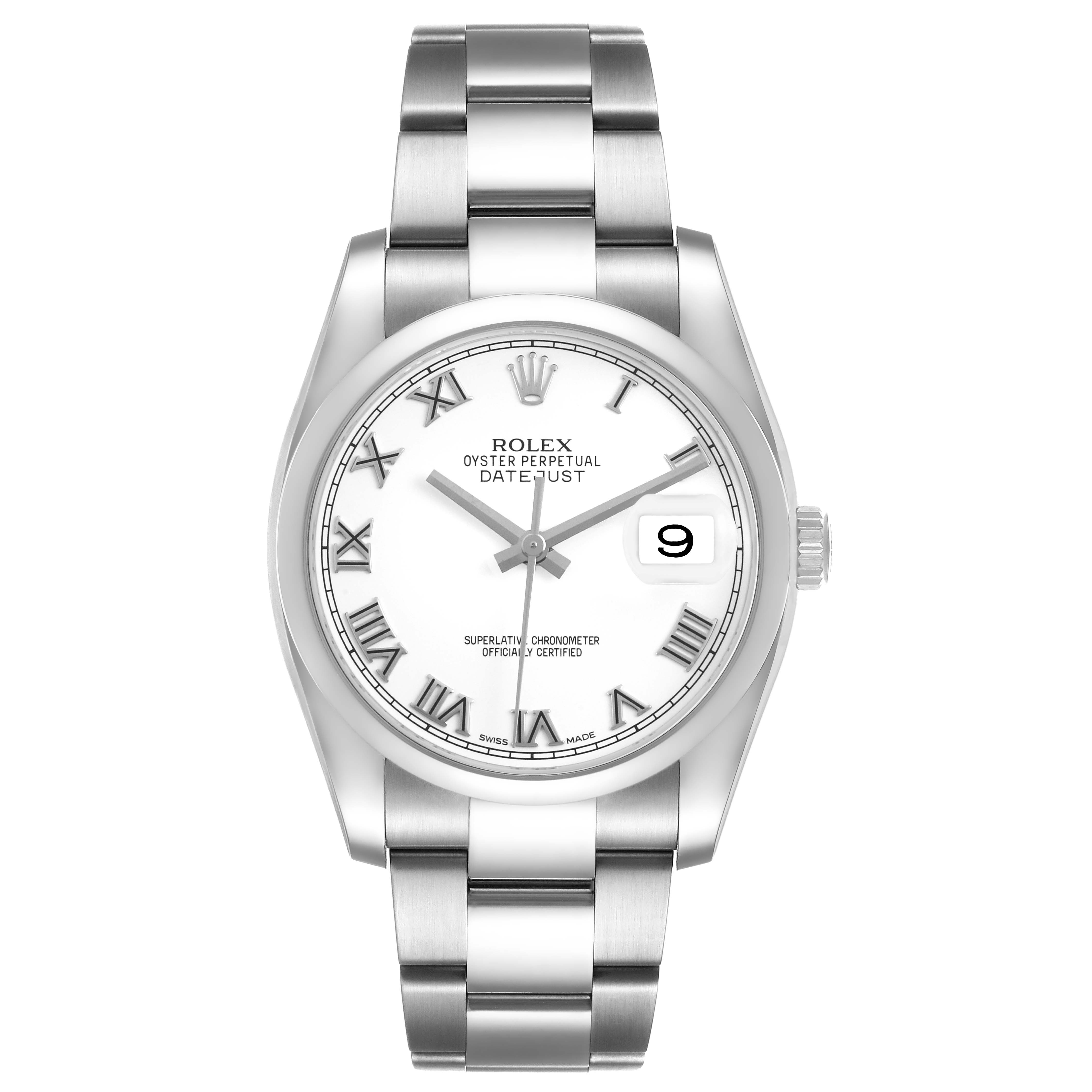 The Rolex Datejust 116200 Men's Stainless Steel White Dial watch is shown from a top-down angle, highlighting the face, bezel, bracelet, and crown.