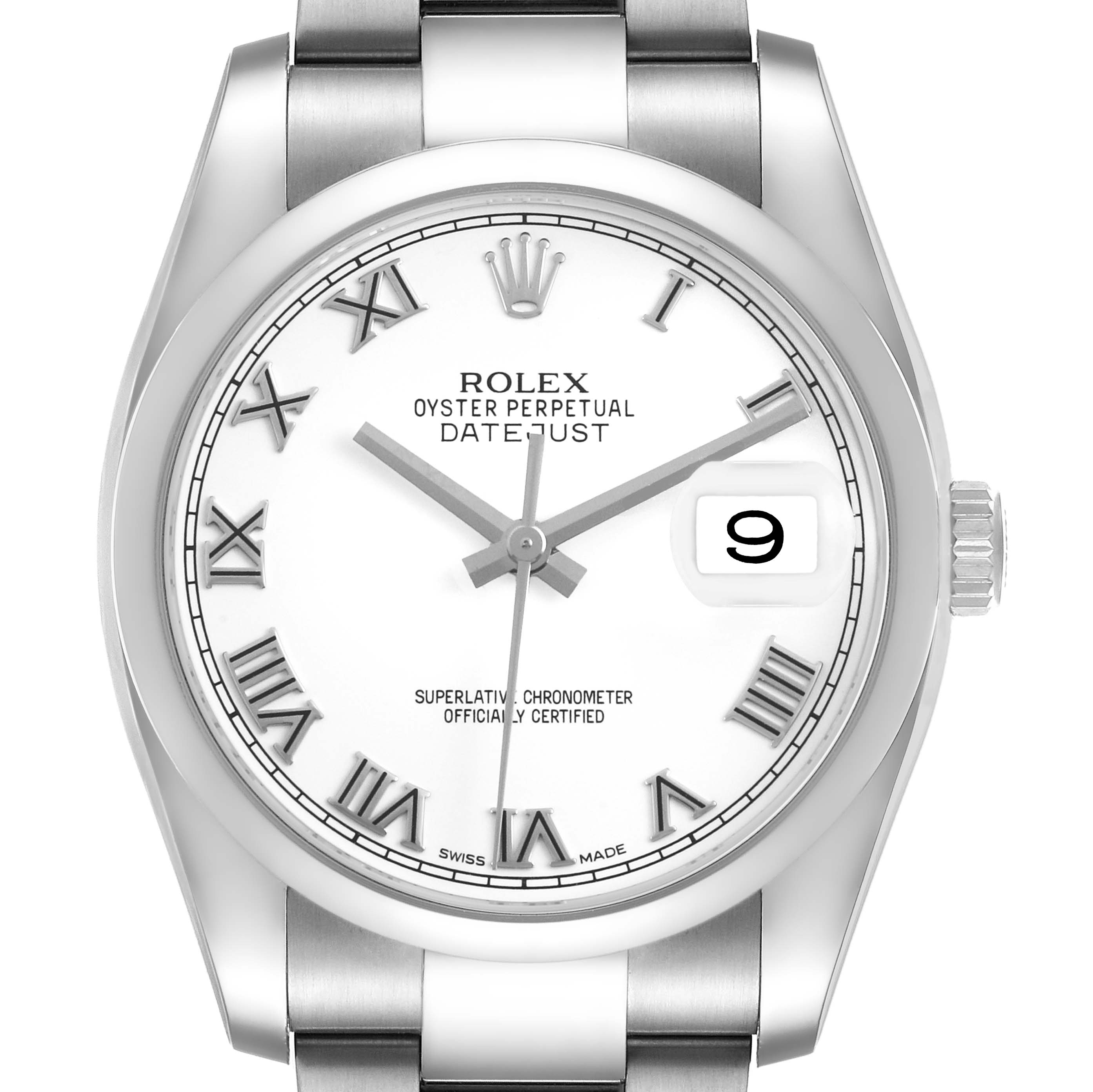 The Rolex Datejust 116200 Men's Stainless Steel White Dial watch is shown from the front, highlighting its dial, hands, date window, and part of the bracelet.
