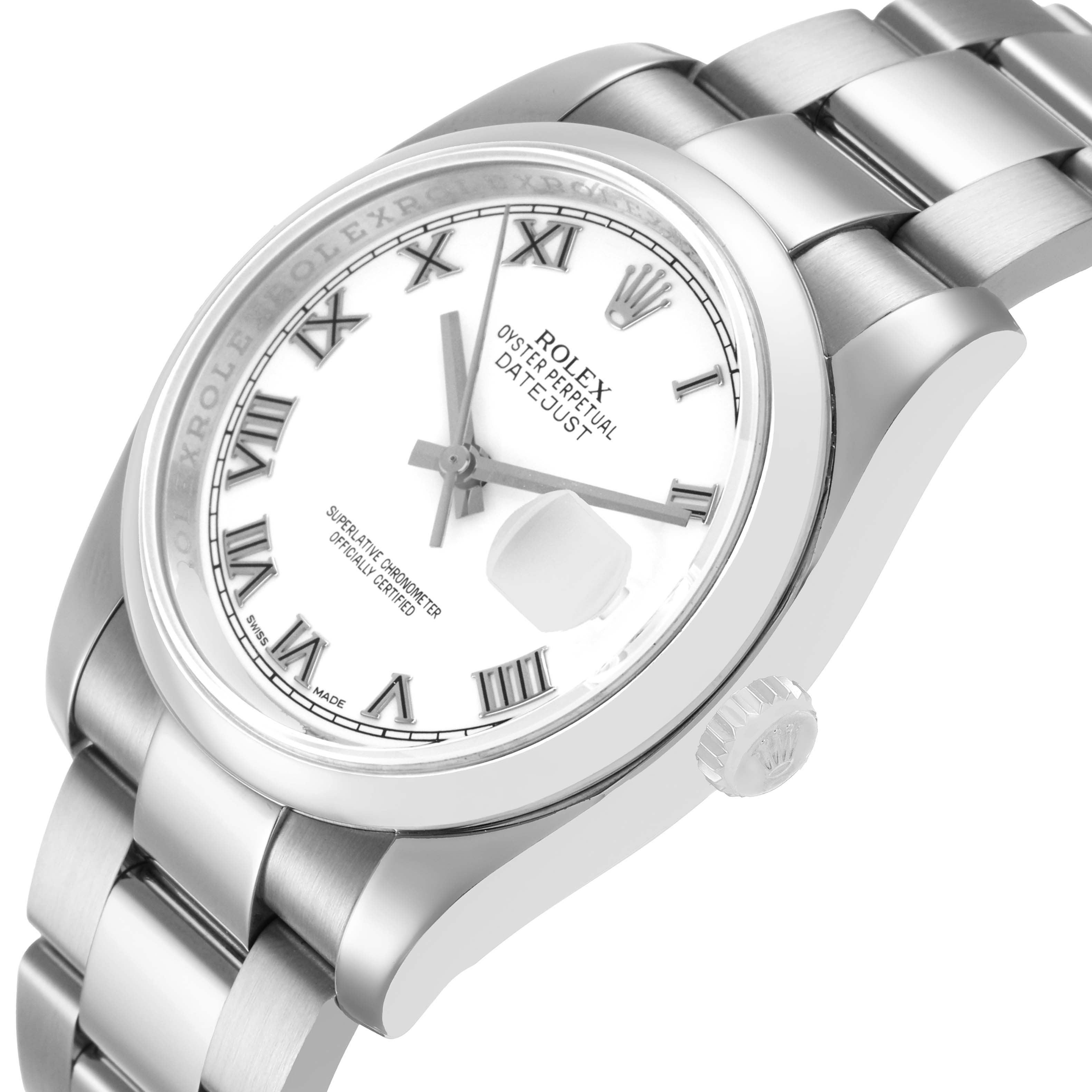 The Rolex Datejust 116200 Men's Stainless Steel White Dial watch is displayed at a three-quarter angle showing the face, bezel, bracelet, and crown.