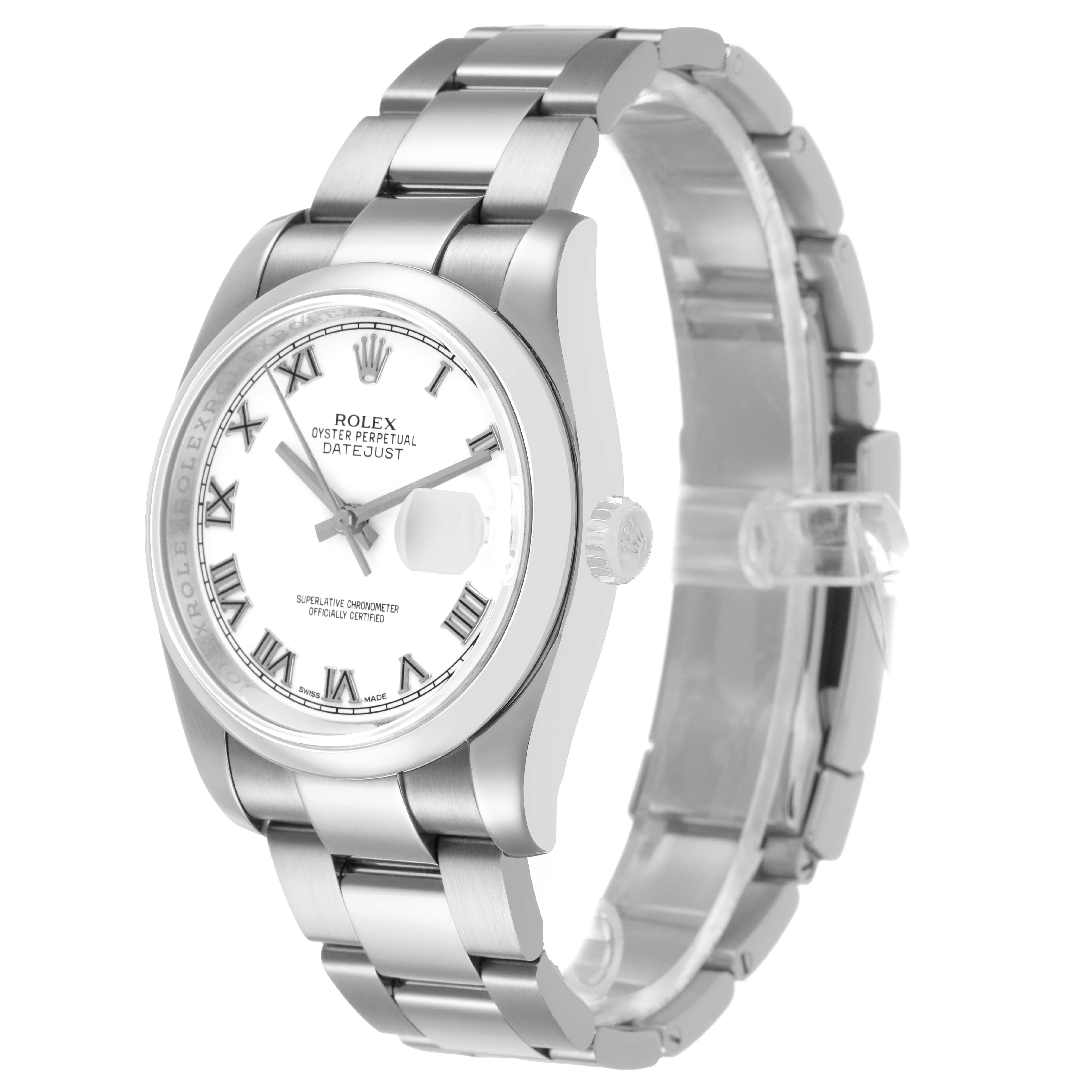The Rolex Datejust 116200 Men's Stainless Steel White Dial watch is shown at a three-quarter angle, highlighting the dial, bezel, bracelet, and crown.