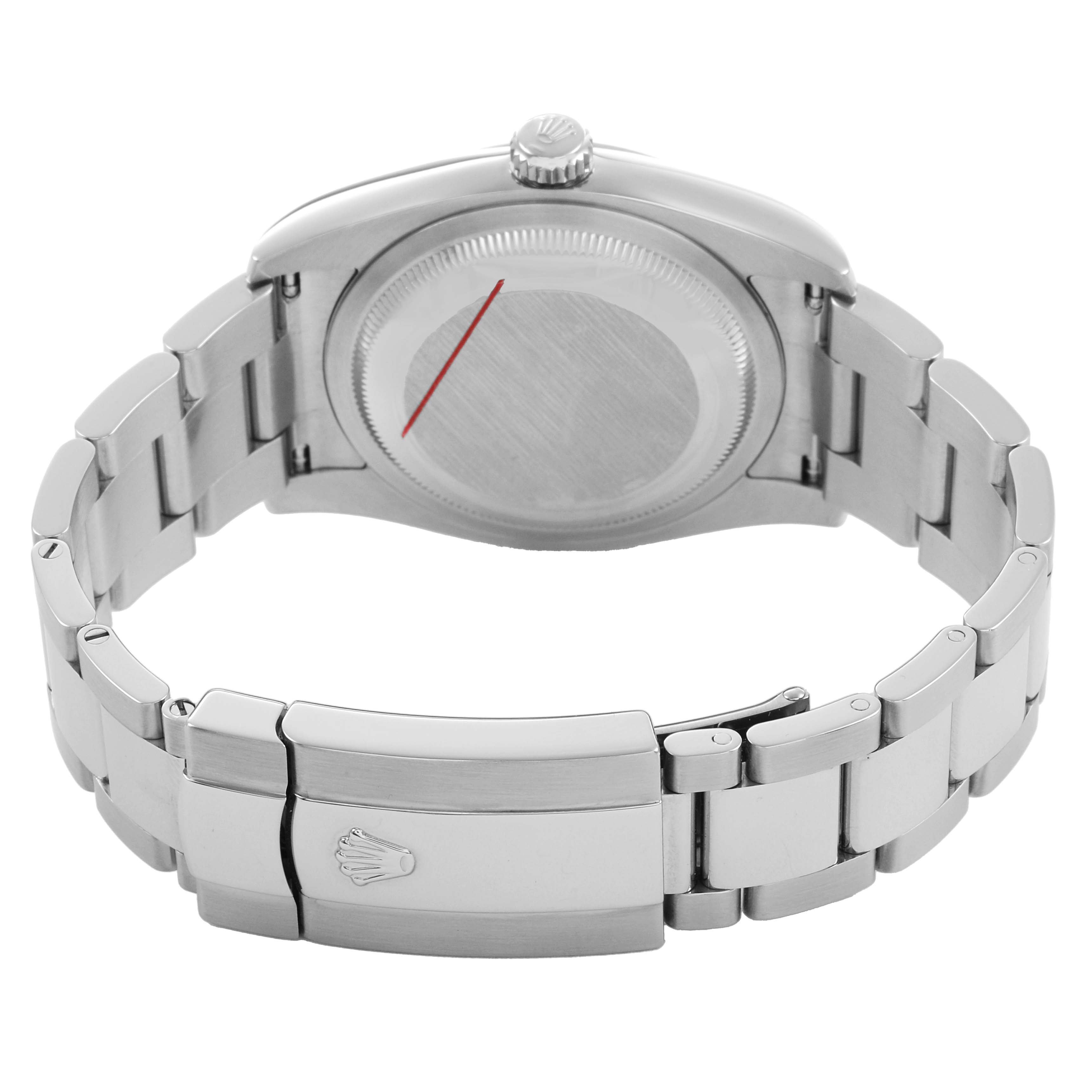 The image shows the back of a Rolex Datejust 116200 Men's Stainless Steel White Dial watch, displaying the bracelet and clasp from a slightly tilted rear angle.