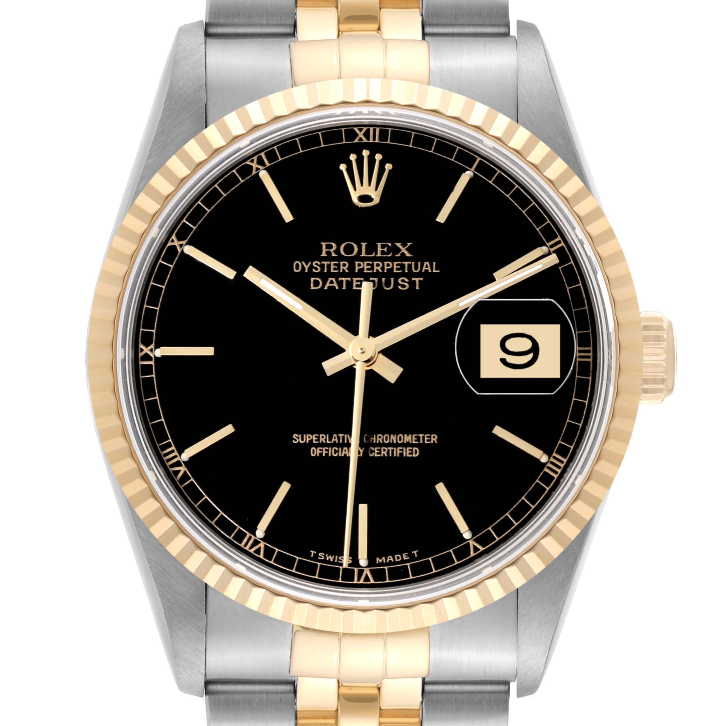 The image shows a front view of the Rolex Datejust 16233 Men's Steel and Gold (two tone) Black Dial 16233 Men's Steel and Gold (two tone) Black Dial watch, highlighting its black dial, gold bezel, and two-tone bracelet.