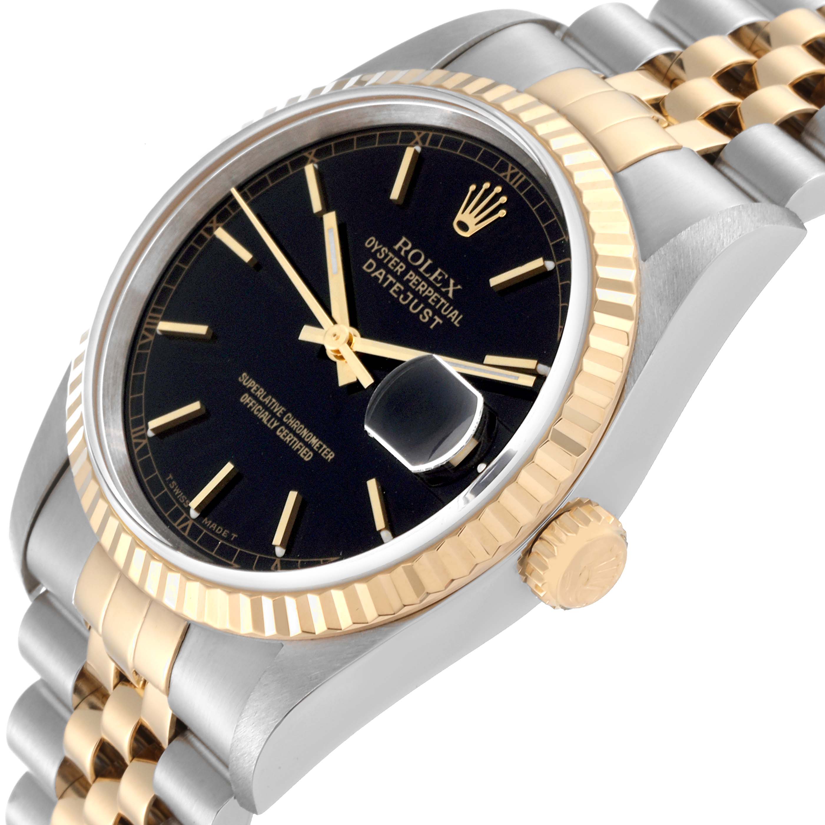 This image shows a side angle of the Rolex Datejust 16233 Men's Steel and Gold (two tone) Black Dial 16233 Men's Steel and Gold (two tone) Black Dial watch, highlighting its bezel, face, crown, and bracelet.